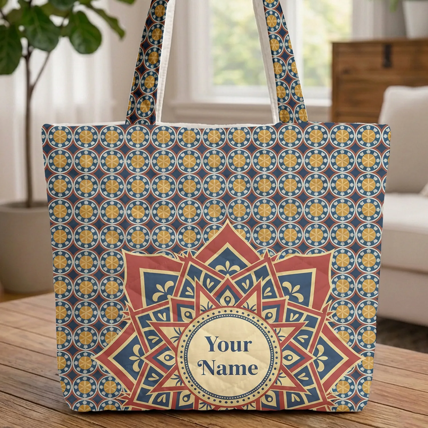 Ornate Star Medallion Circular Interlocking Arabesque - Boho Lifestyle Home Decor Travel Everyday Gift Quilted Tote Bag - 1