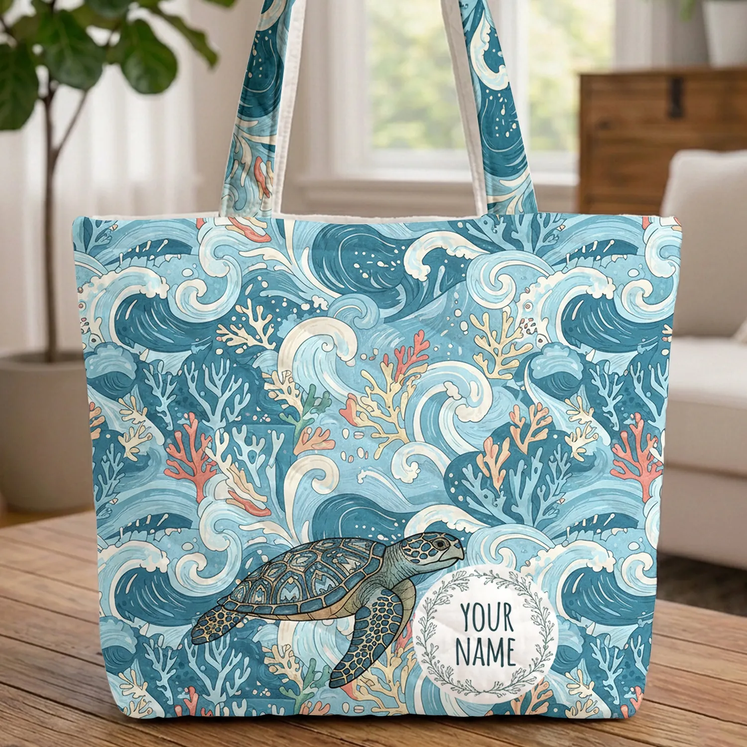 Sea Turtle Personalized Name Ocean Waves Coral Seaweed - Marine Wildlife Lover Gift Quilted Tote Bag - 1