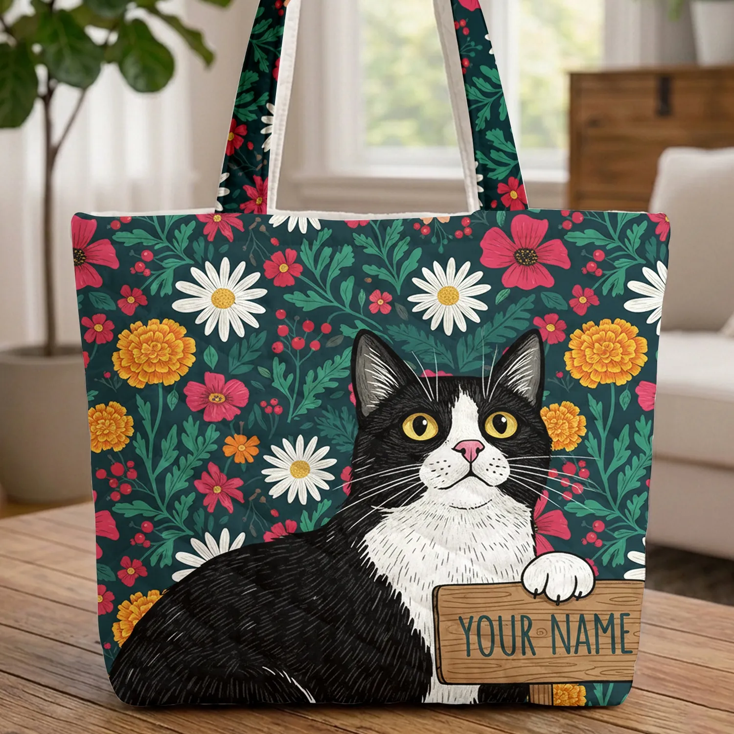 Black Cat Golden Eyes Wildflower Garden - Everyday Cat Lover Gift Quilted Tote Bag - 1