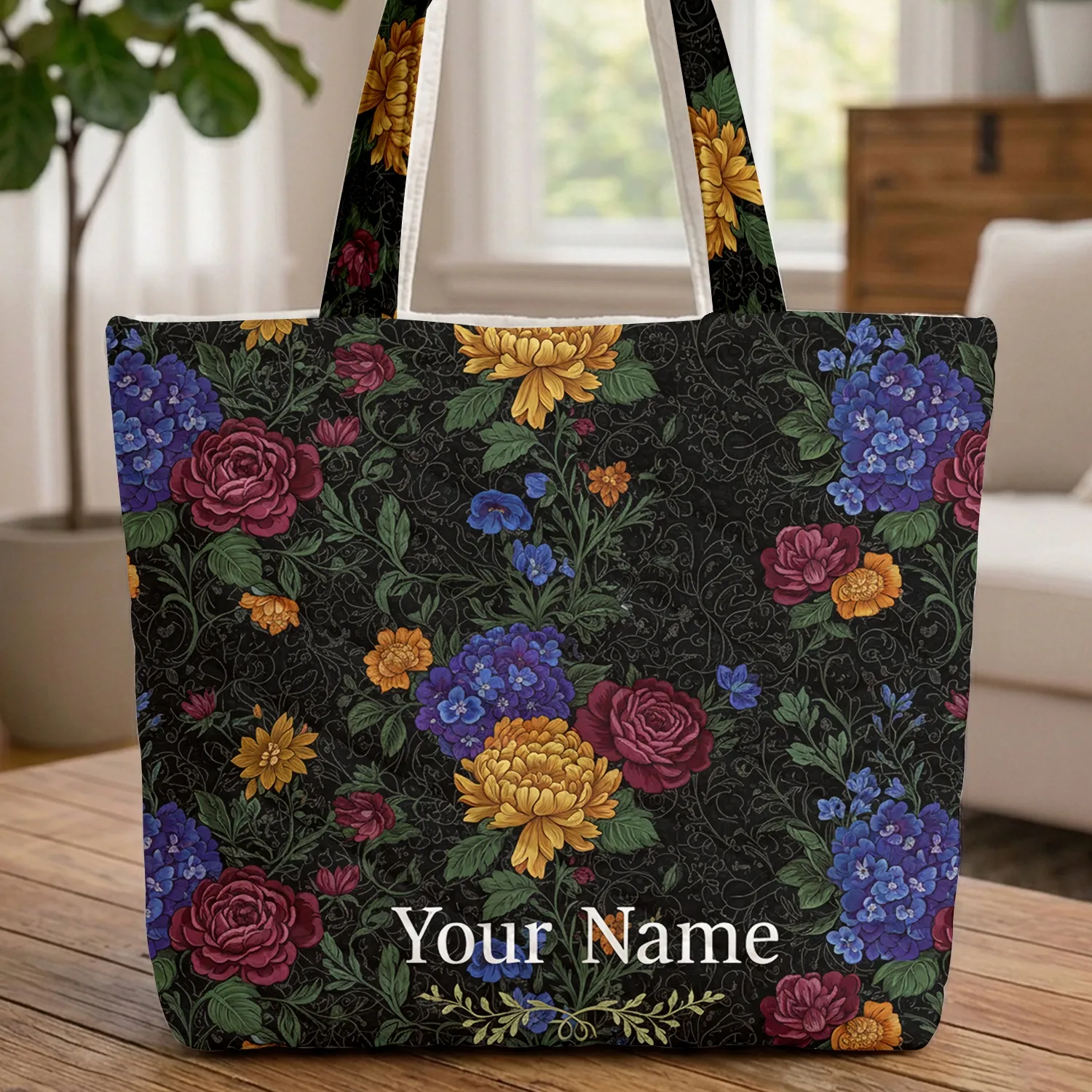 Personalized Name Dense Vintage Tapestry Floral Foliage - Everyday Lifestyle Accessory Quilted Tote Bag - 1