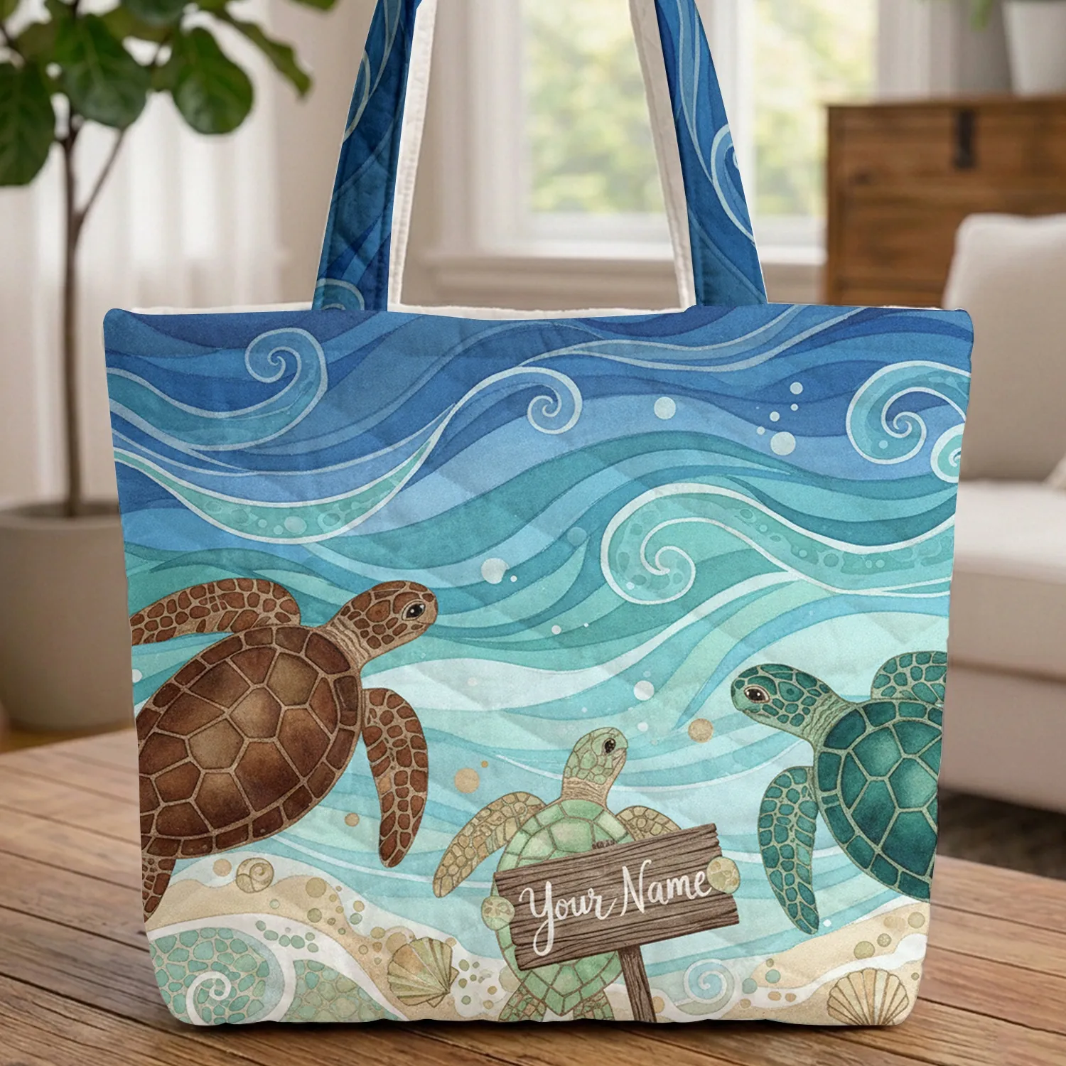 Ornate Sea Turtles Ocean Waves - Ocean Lover Gift for Marine Life Enthusiasts Quilted Tote Bag - 1