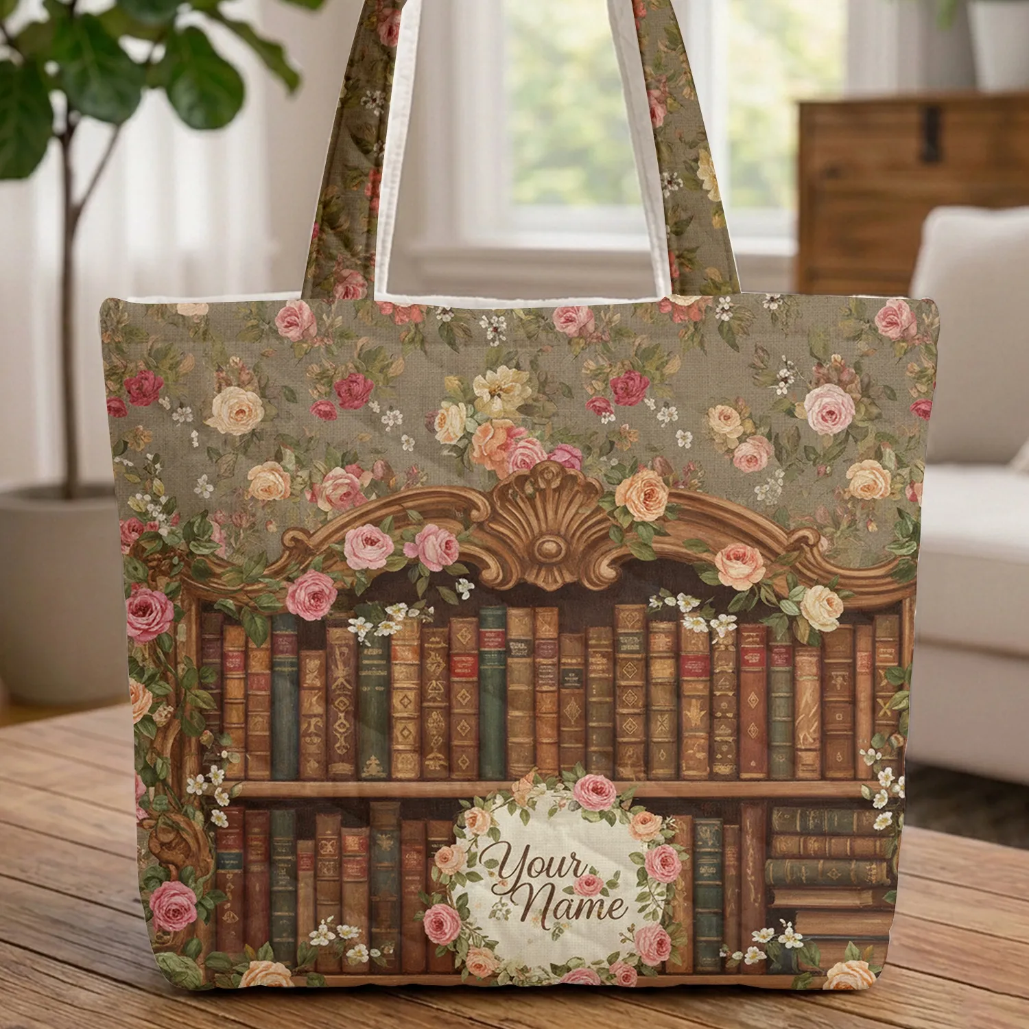 Rustic Wooden Bookshelf Vintage Roses Floral Wreath - Book Lover Bag Gift Quilted Tote Bag - 1