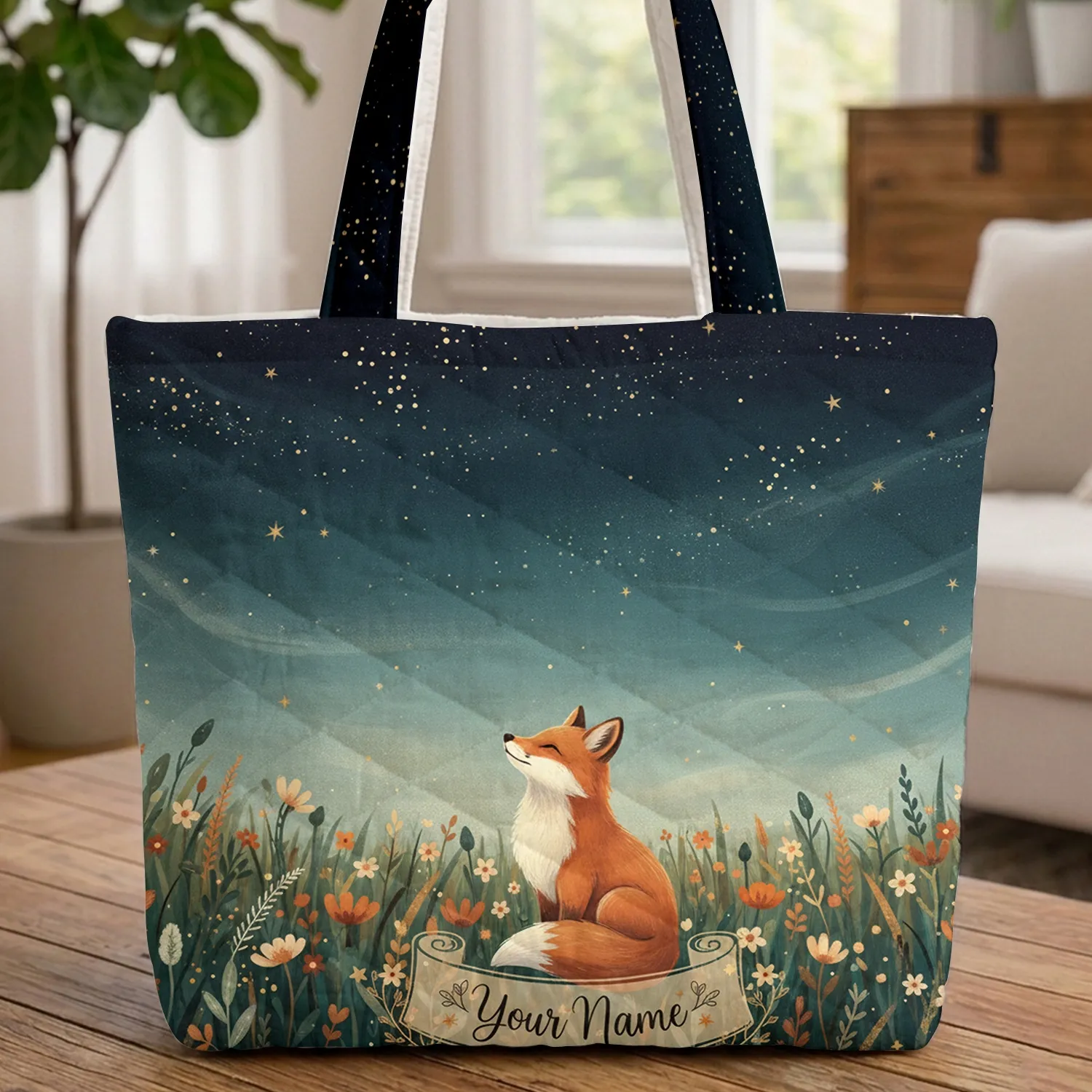 Fox Wildflower Field Twinkling Golden Lights Starry Night Sky - Wildlife Lover Gift Quilted Tote Bag - 1