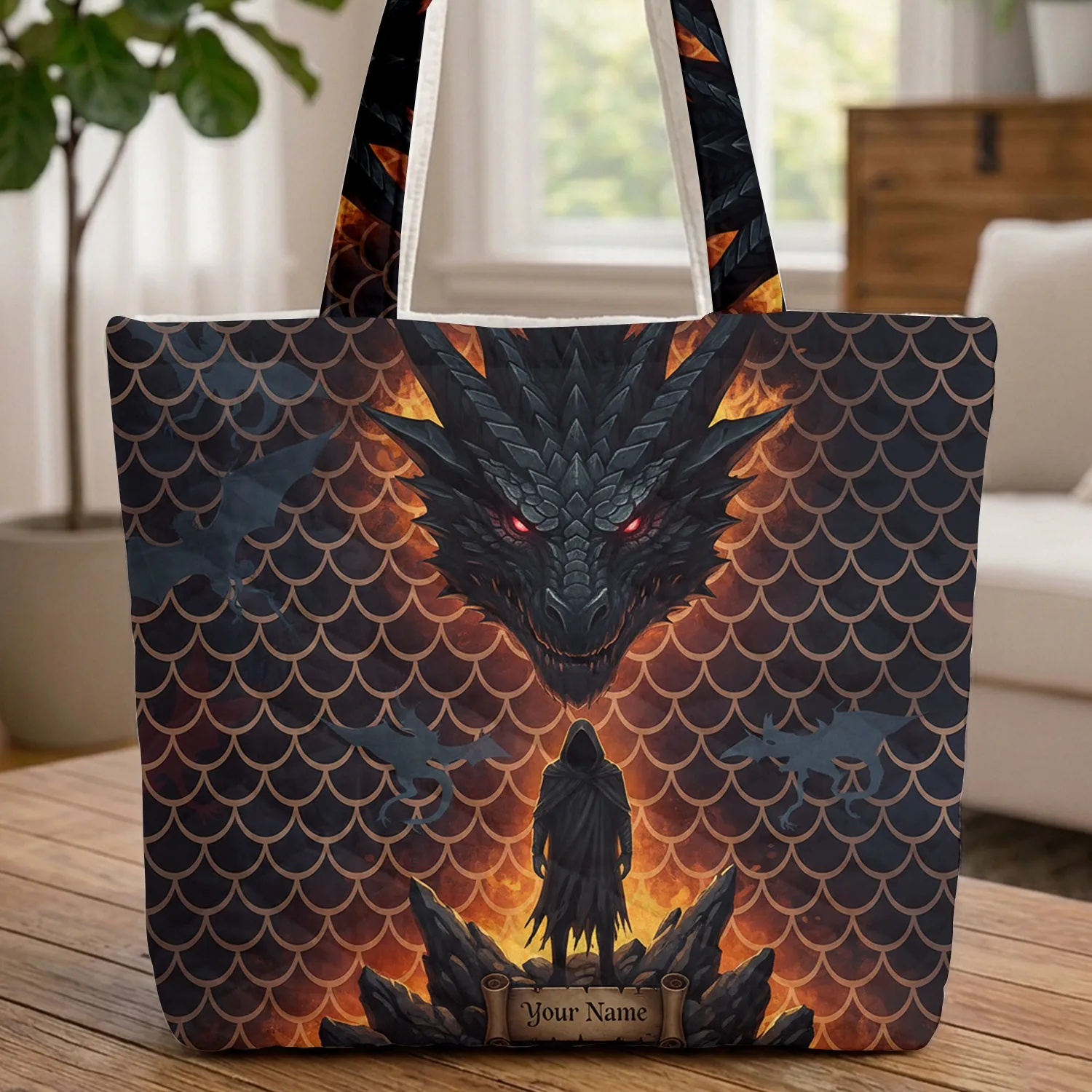 Powerful Dragon Head Glowing Red Eyes Cloaked Figure Fantasy Lover Gift Quilted Tote Bag - 1