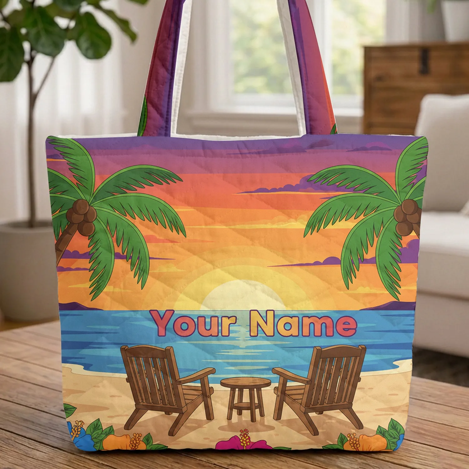 Tropical Sunset Beach Chairs Hibiscus Flowers - Beach Lover Travel Gift Quilted Tote Bag - 1