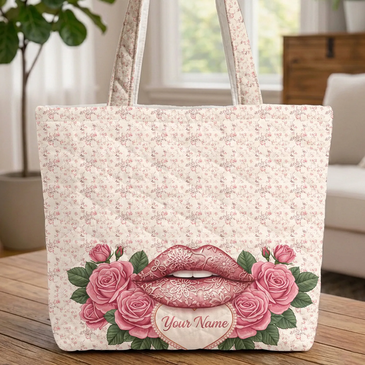 Ornate Floral Lace Lips Pink Roses Delicate Leaves Heart Name - Personalized Everyday Carry Gift Quilted Tote Bag - 1