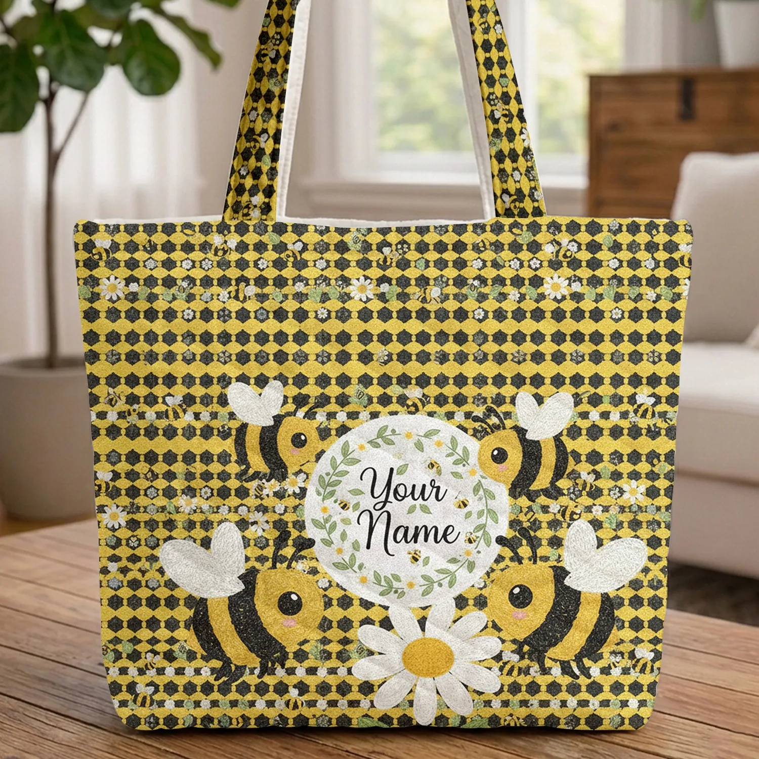 Personalized Name Bumblebee Daisy Honeycomb Floral Wreath - Everyday Custom Gift Quilted Tote Bag - 1