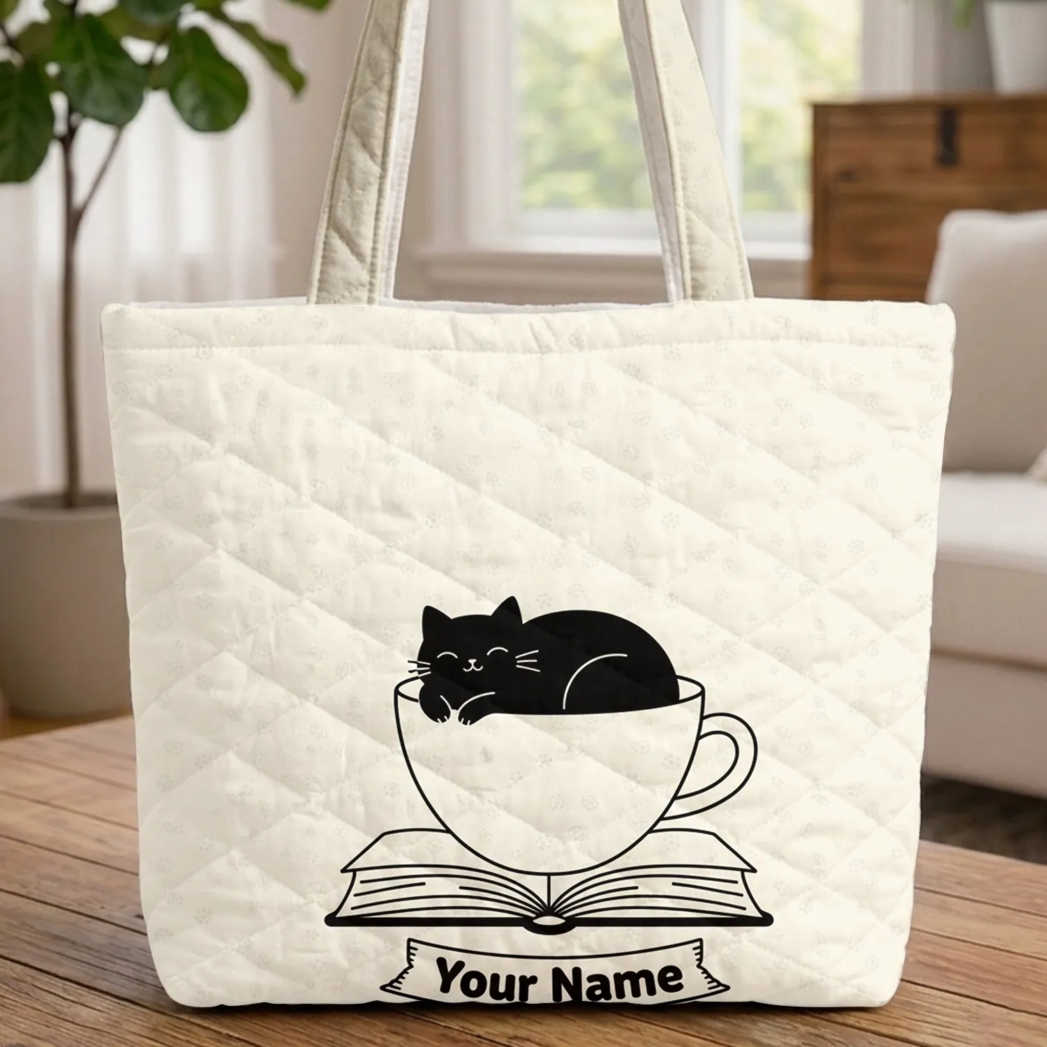 Curled Black Cat Teacup Book Personalized Name - Cat Lover Everyday Gift Quilted Tote Bag - 1