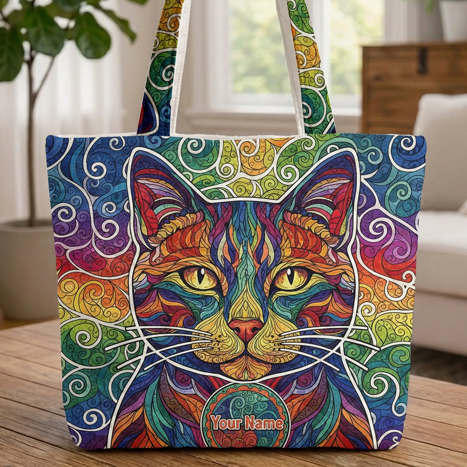 Vibrant Rainbow Cat Face Organic Shapes Your Name - Everyday Tote Gift for Cat Lover Quilted Tote Bag - 1