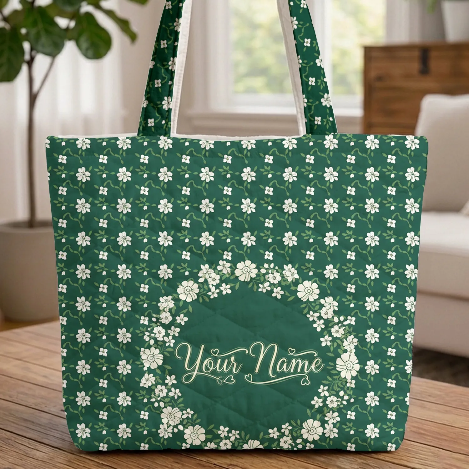 Continuous Deep Forest Green White Flowers Leaves Floral Wreath - Everyday Style Quilted Tote Bag - 1