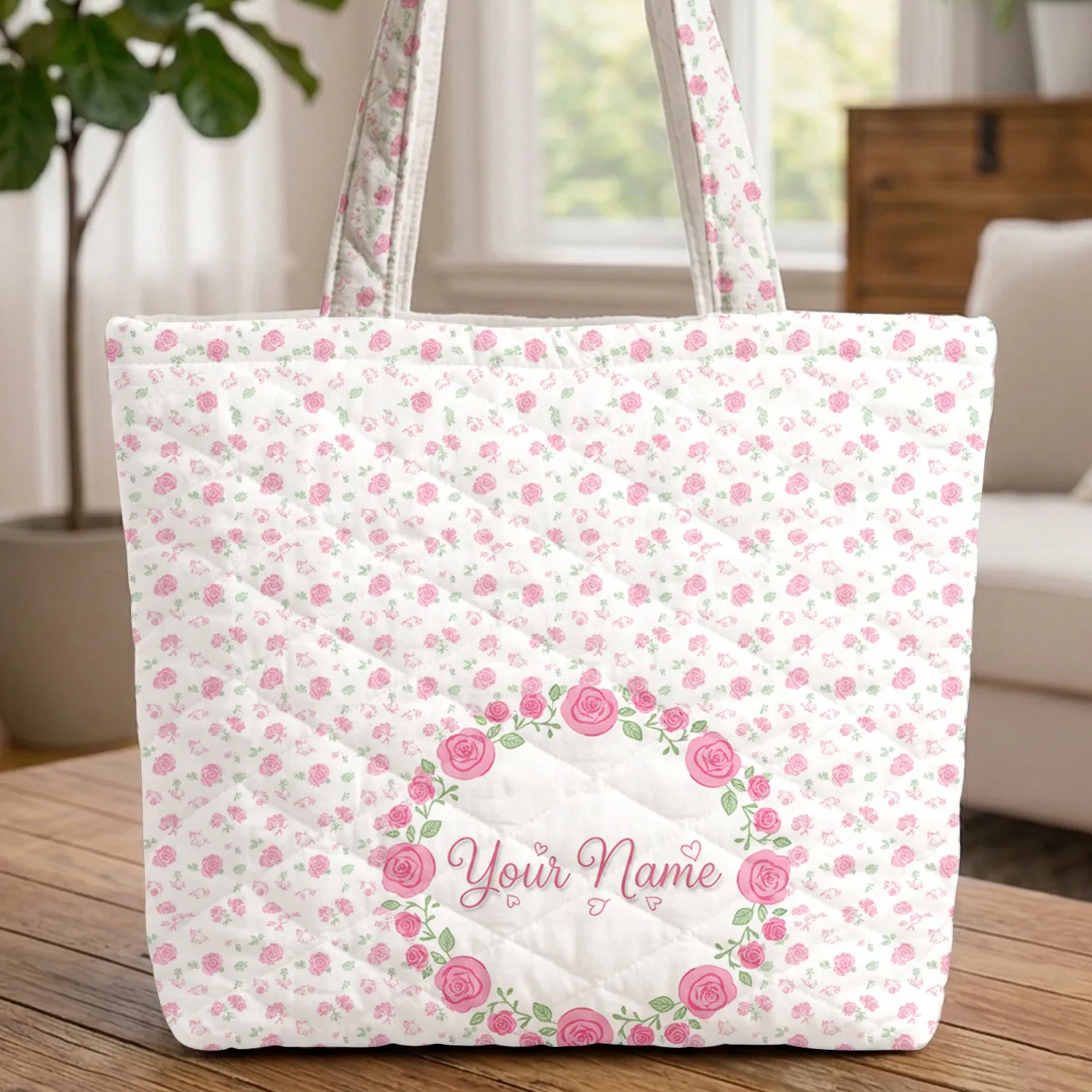 Pink Rose Wreath Your Name Everyday Gift for Her Quilted Tote Bag - 1