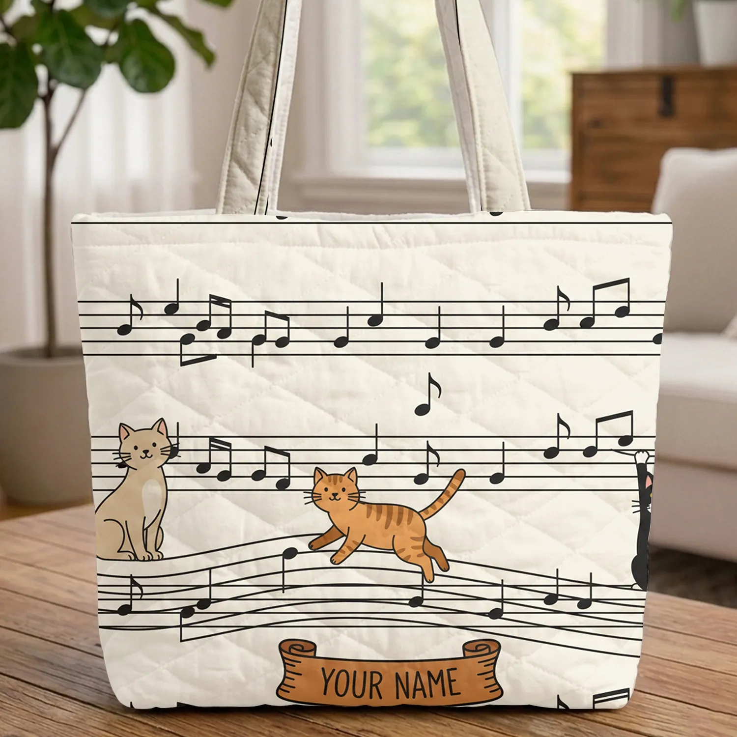 Playful Beige Orange Black Cats Musical Staff G-Clefs - Music Lover Gift Quilted Tote Bag - 1