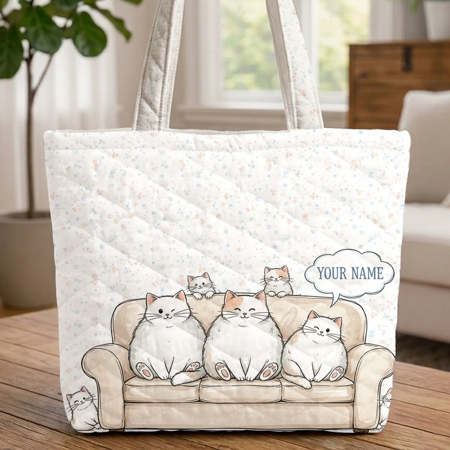 Fluffy Cat Family Sofa Kittens Speech Bubble - Home Decor Gift for Cat Lover Quilted Tote Bag - 1
