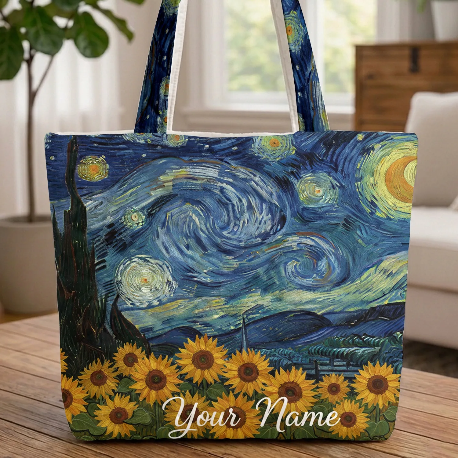 Starry Night Moon Sunflowers Village - Art Lover Bag Gift Quilted Tote Bag - 1