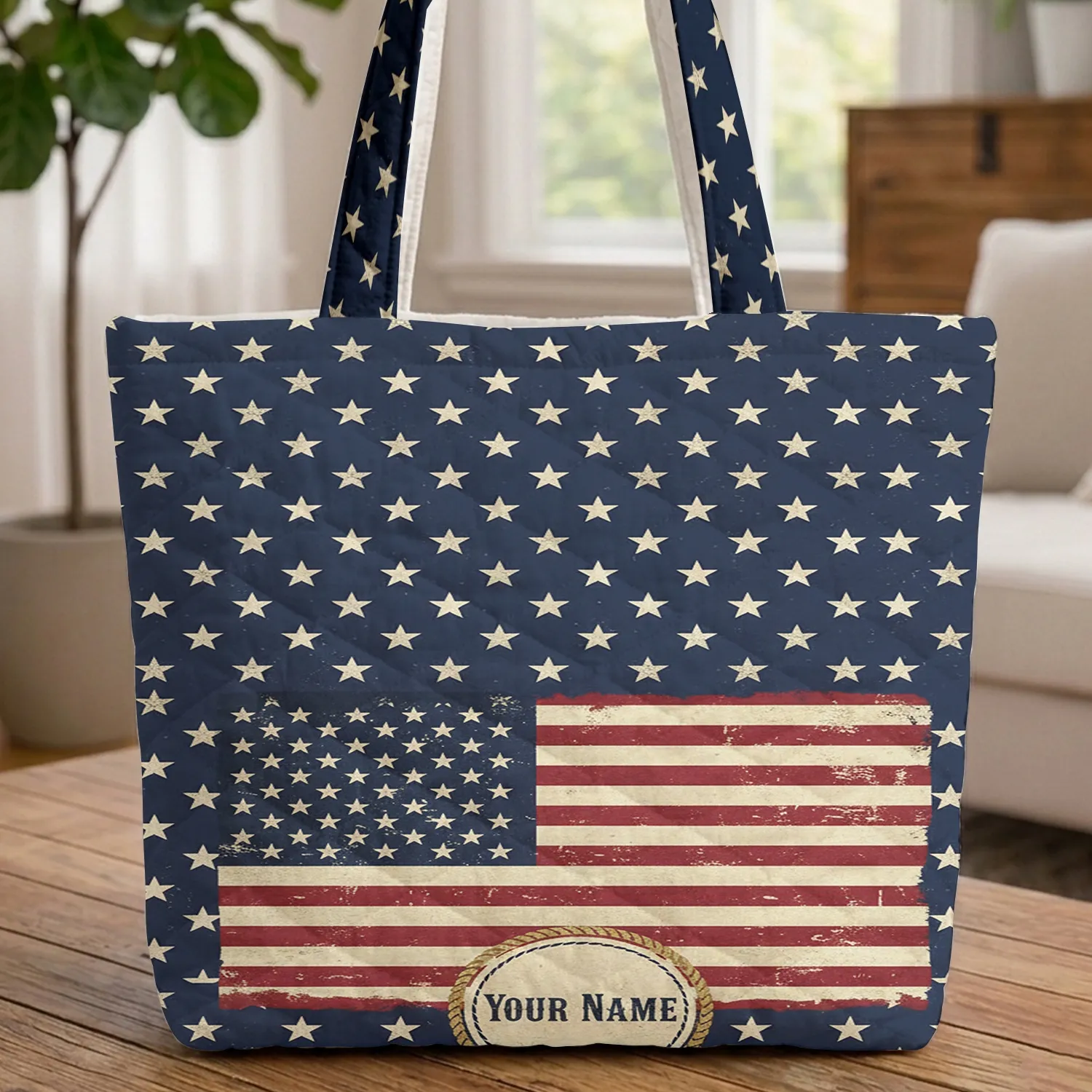 Distressed American Flag Rope Border - Patriotic Everyday Use Quilted Tote Bag - 1
