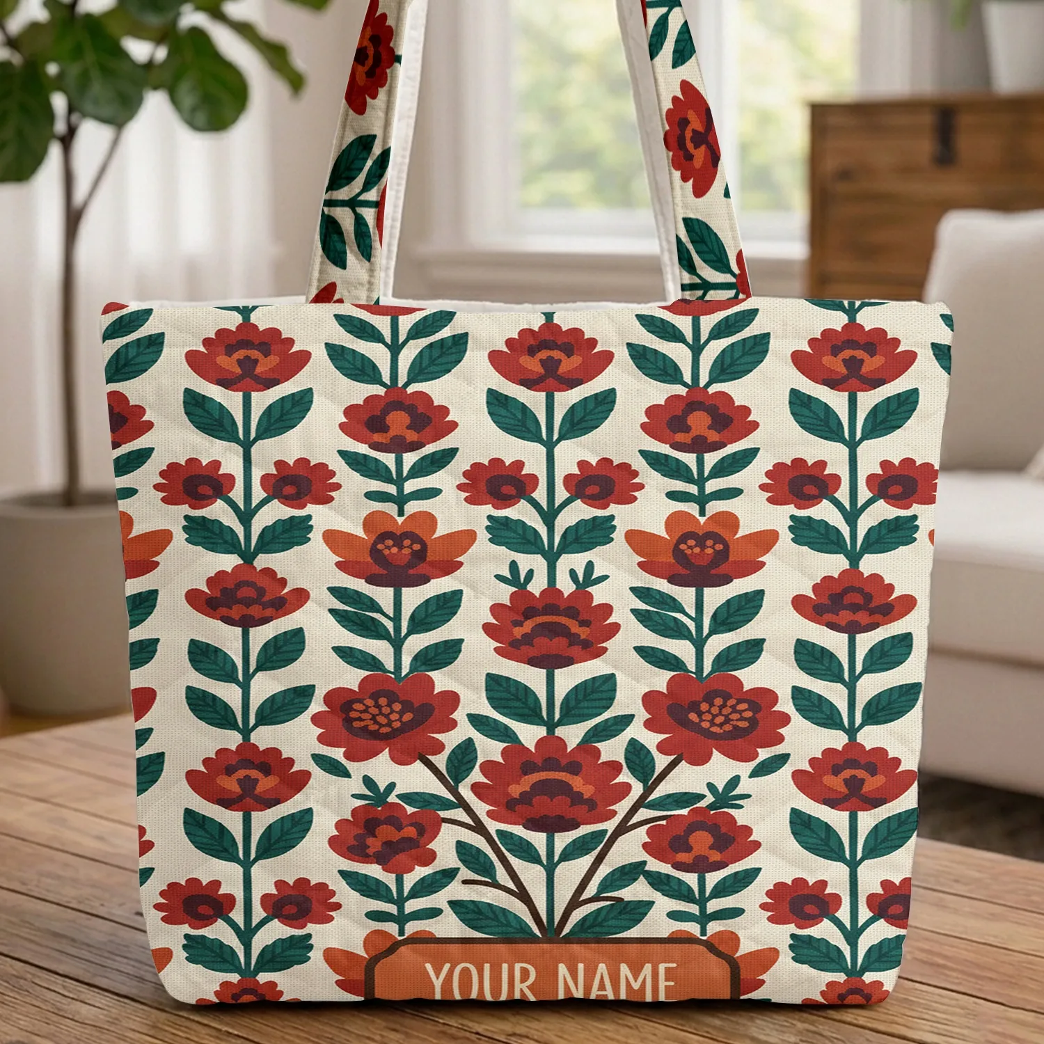 Folk Art Flowers Botanical Bouquet Vintage Plaque Gift Quilted Tote Bag - 1