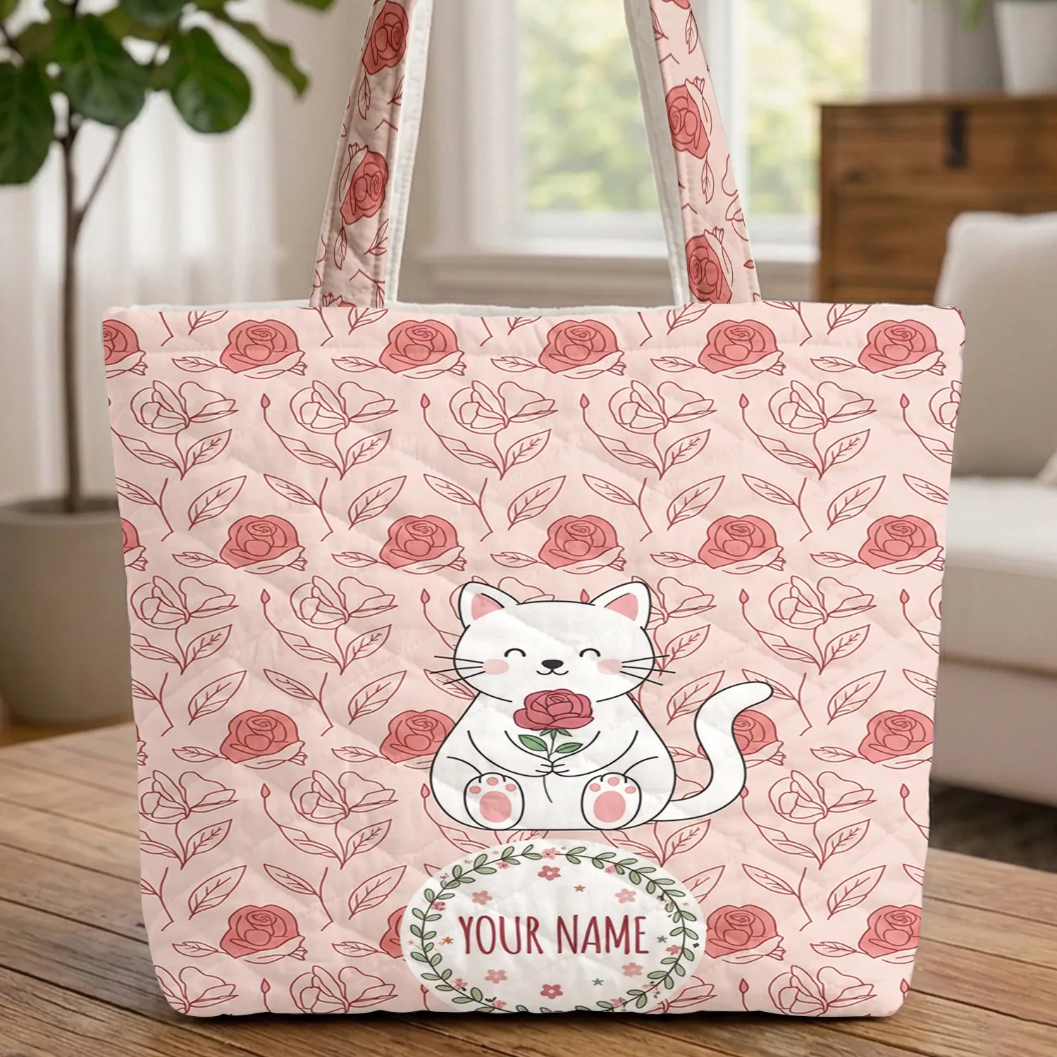 White Cat Pink Rose Children's Storybook Floral Wreath - Everyday Tote Cat Lover Gift Quilted Tote Bag - 1
