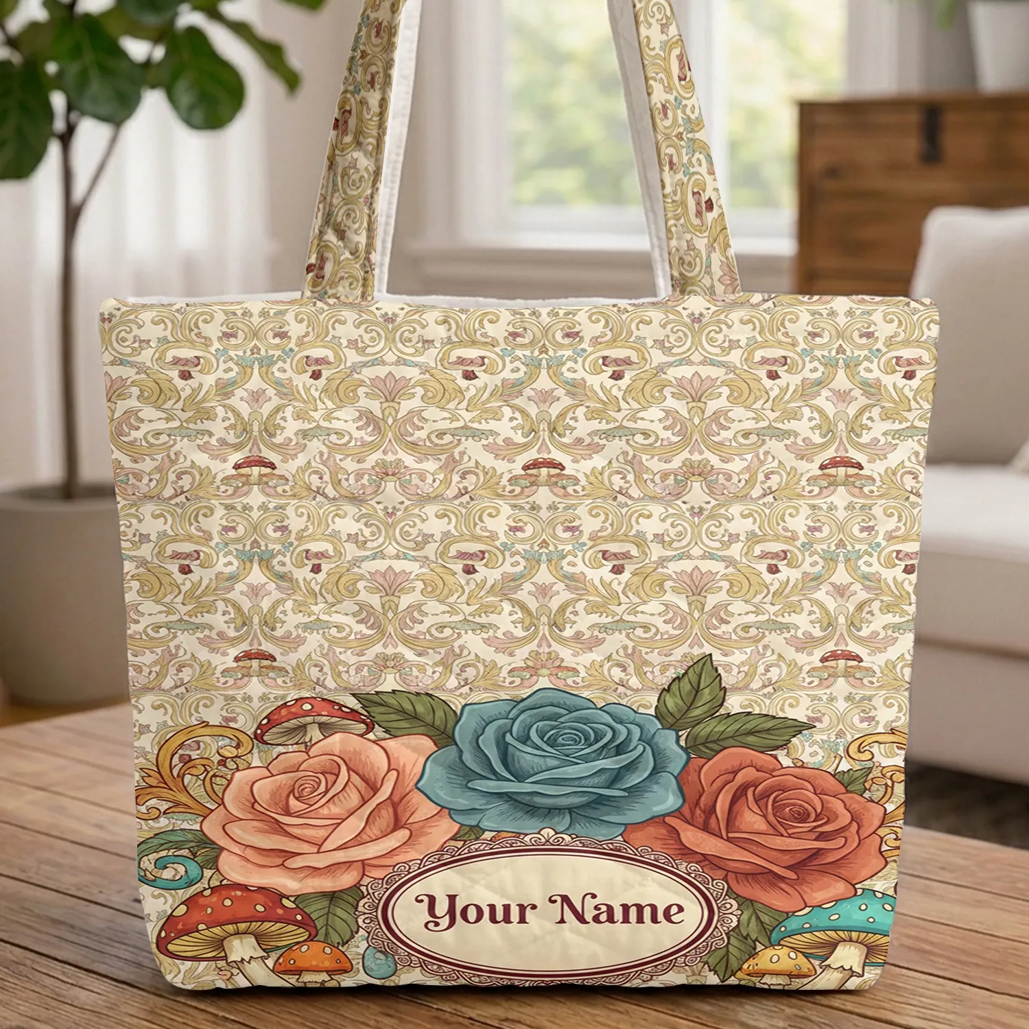 Roses Mushrooms Scrollwork Medallion - Personalized Everyday Gift Quilted Tote Bag - 1