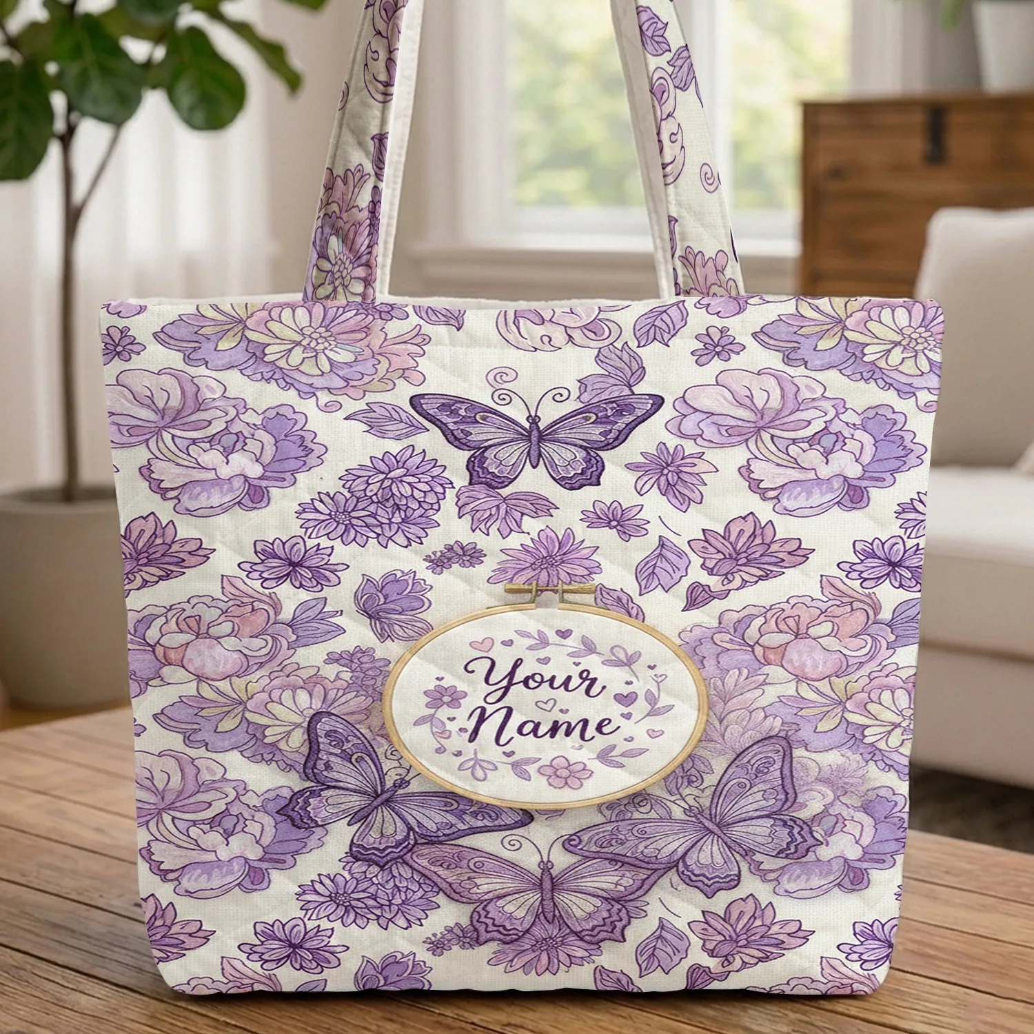 Ornate Butterflies Lavender Rose Peonies Hoop Frame - Everyday Tote Nature Lover Gift Quilted Tote Bag - 1