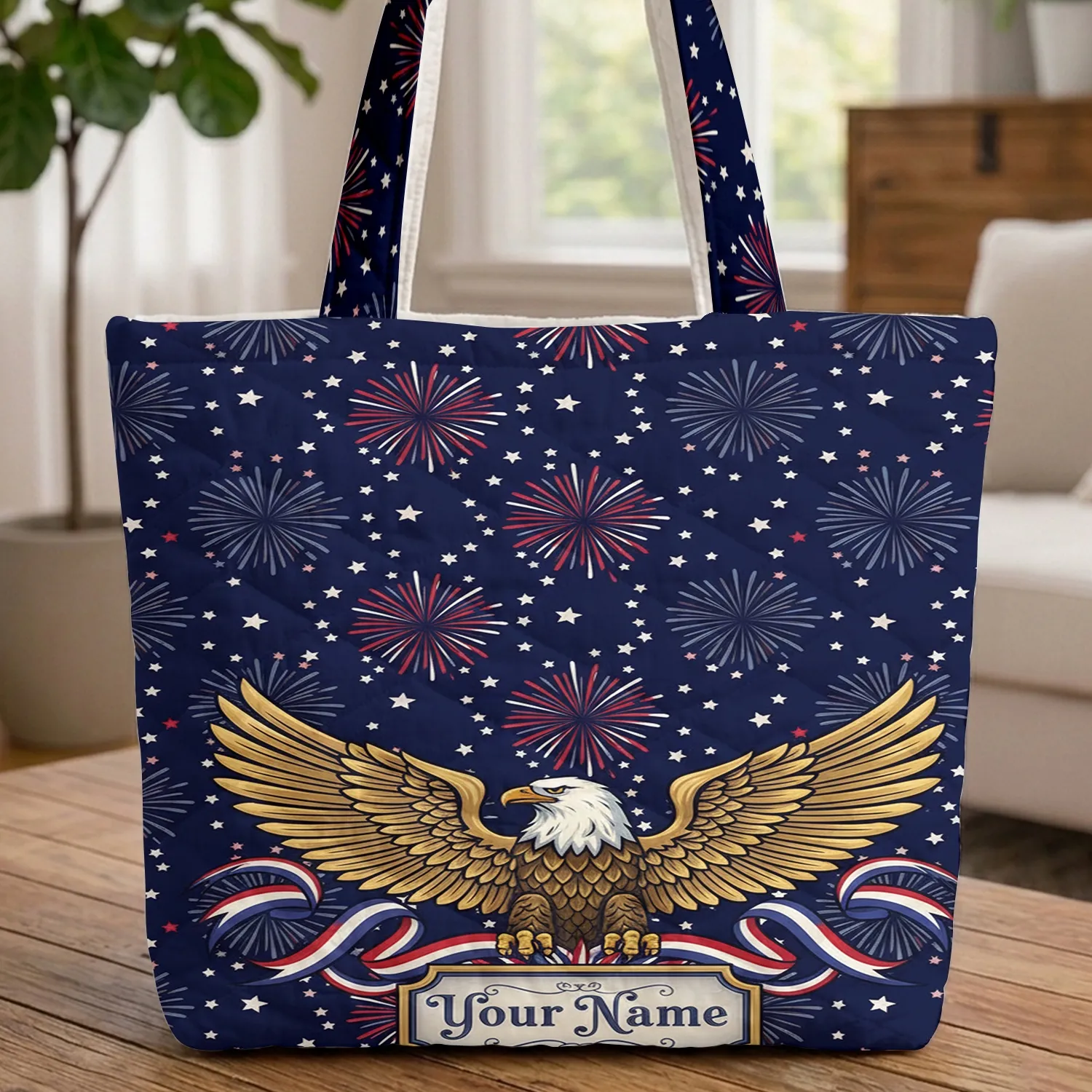 Bald Eagle Patriotic Fireworks Stars Ribbons - Independence Day Gift Quilted Tote Bag - 1