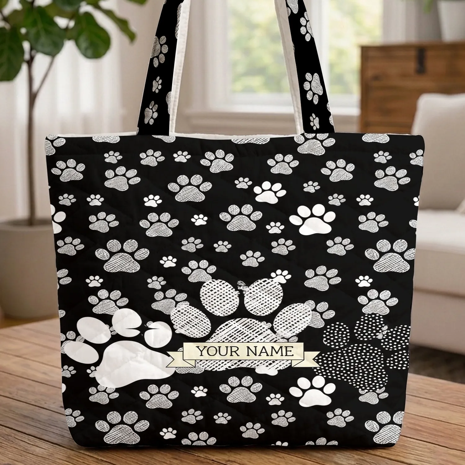 Black White Paw Prints Storybook Name Ribbon - Everyday Dog Cat Lover Gift Quilted Tote Bag - 1