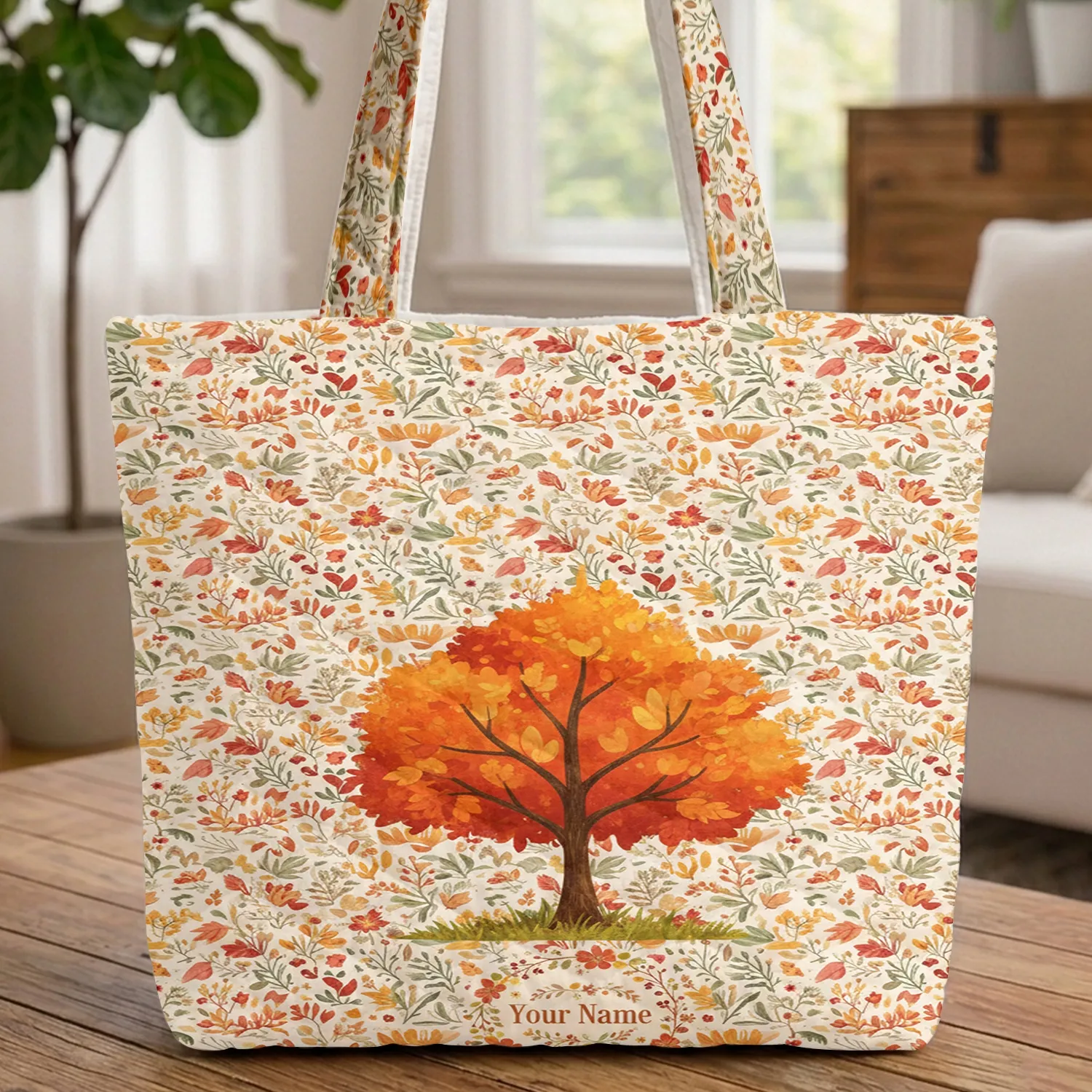 Autumn Tree Fall Leaves Berries Grassy Patch Delicate Branches Floral Wreath - Autumn Season Gift Quilted Tote Bag - 1