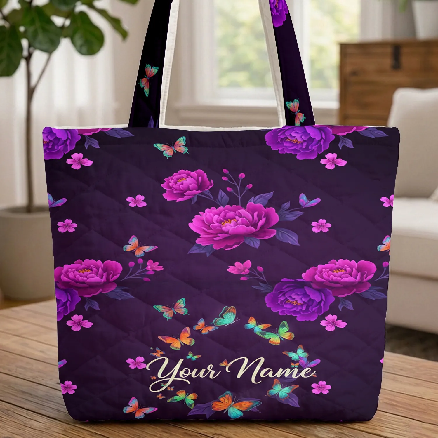 Purple Magenta Peonies Iridescent Butterflies Personalized Name - Everyday Gift Quilted Tote Bag - 1