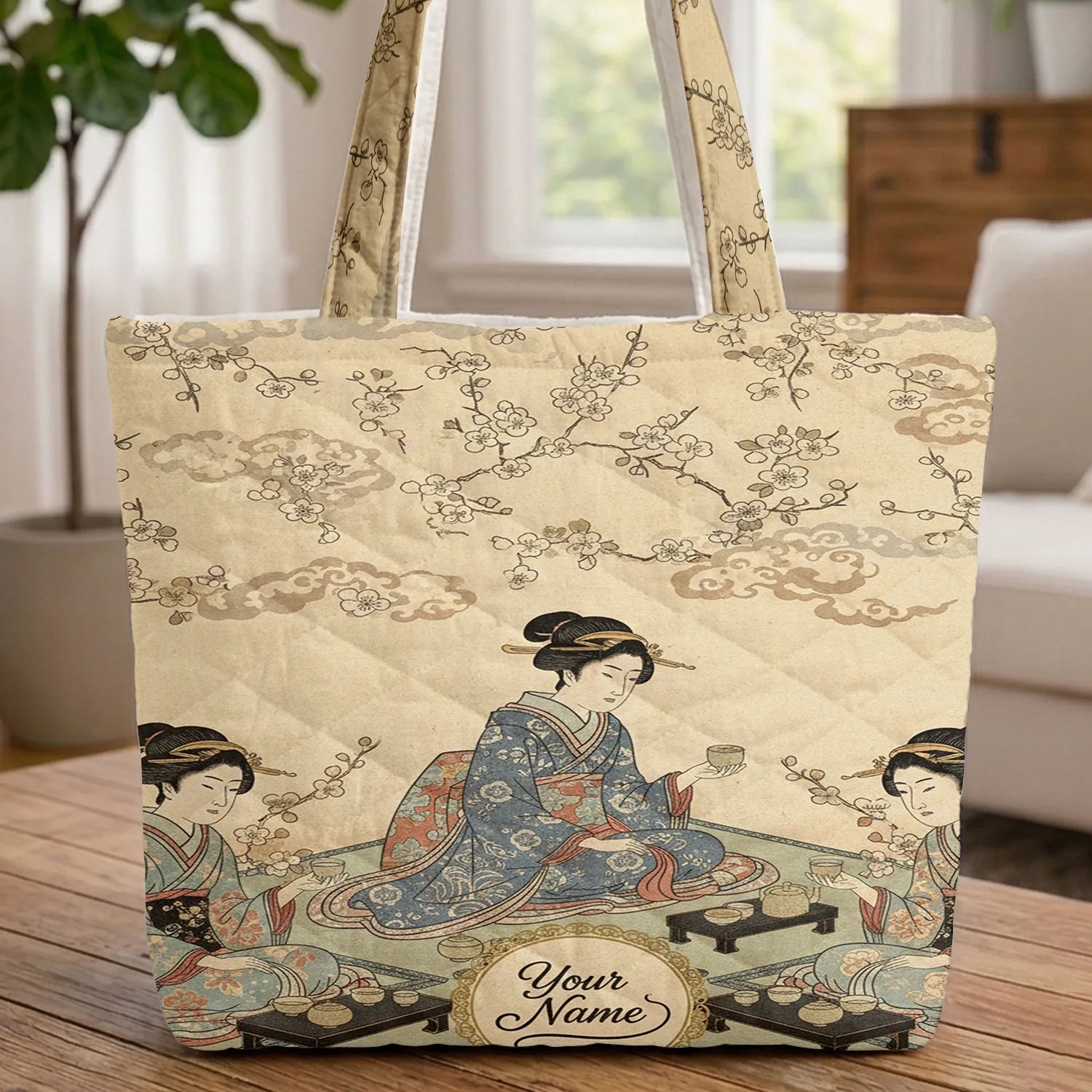 Japanese Women Tea Ceremony Floral Blossoms - Cultural Bag Gift Quilted Tote Bag - 1