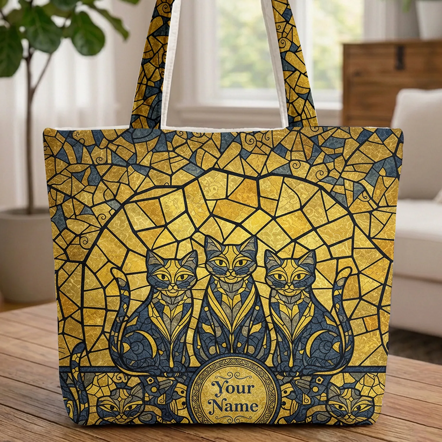Abstract Mosaic Stained Glass Cats Medallion with Geometric Shapes - Cat Lover Gift Quilted Tote Bag - 1