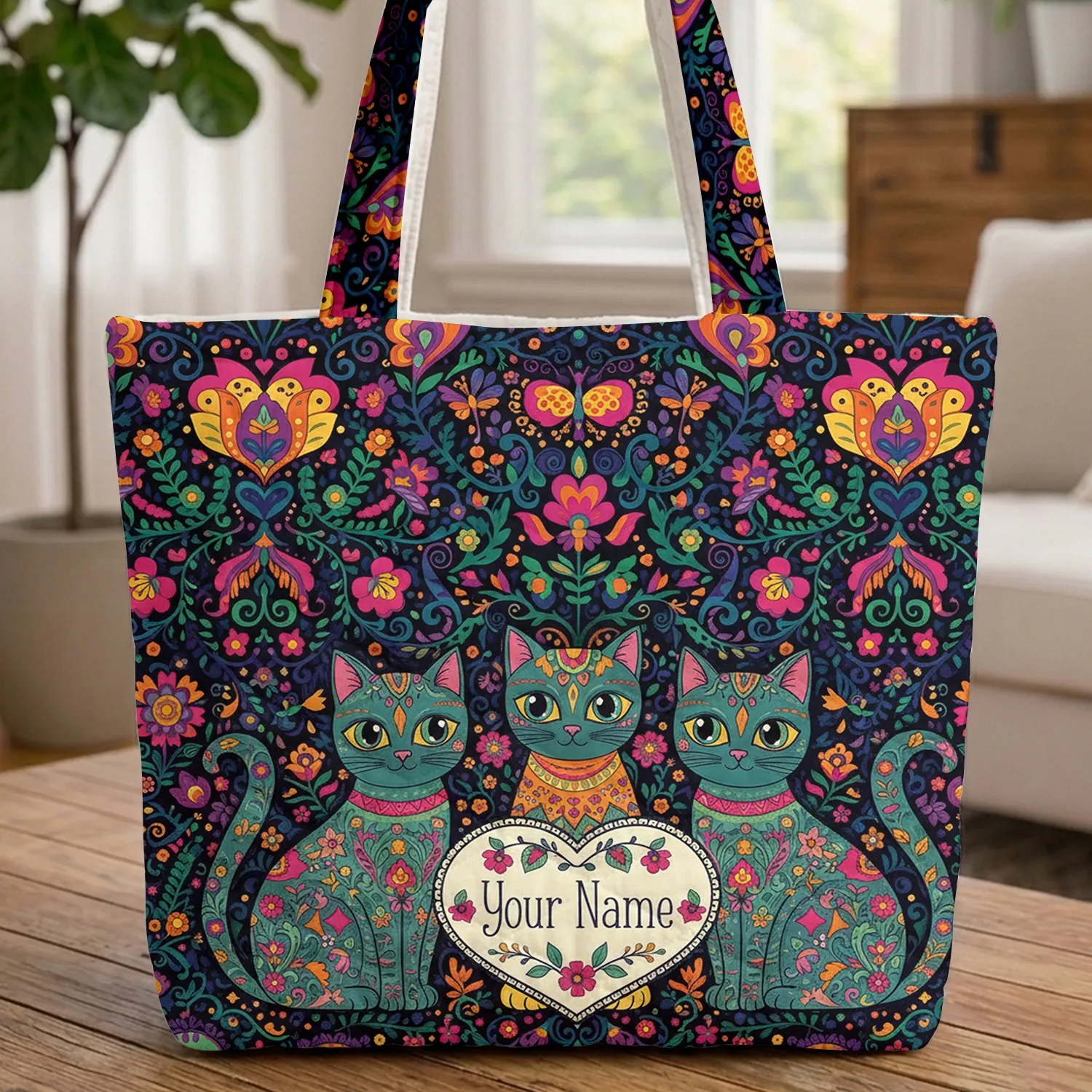 Three Cats Folk Art Flowers Hearts Butterflies - Cat Lover Gift Quilted Tote Bag - 1