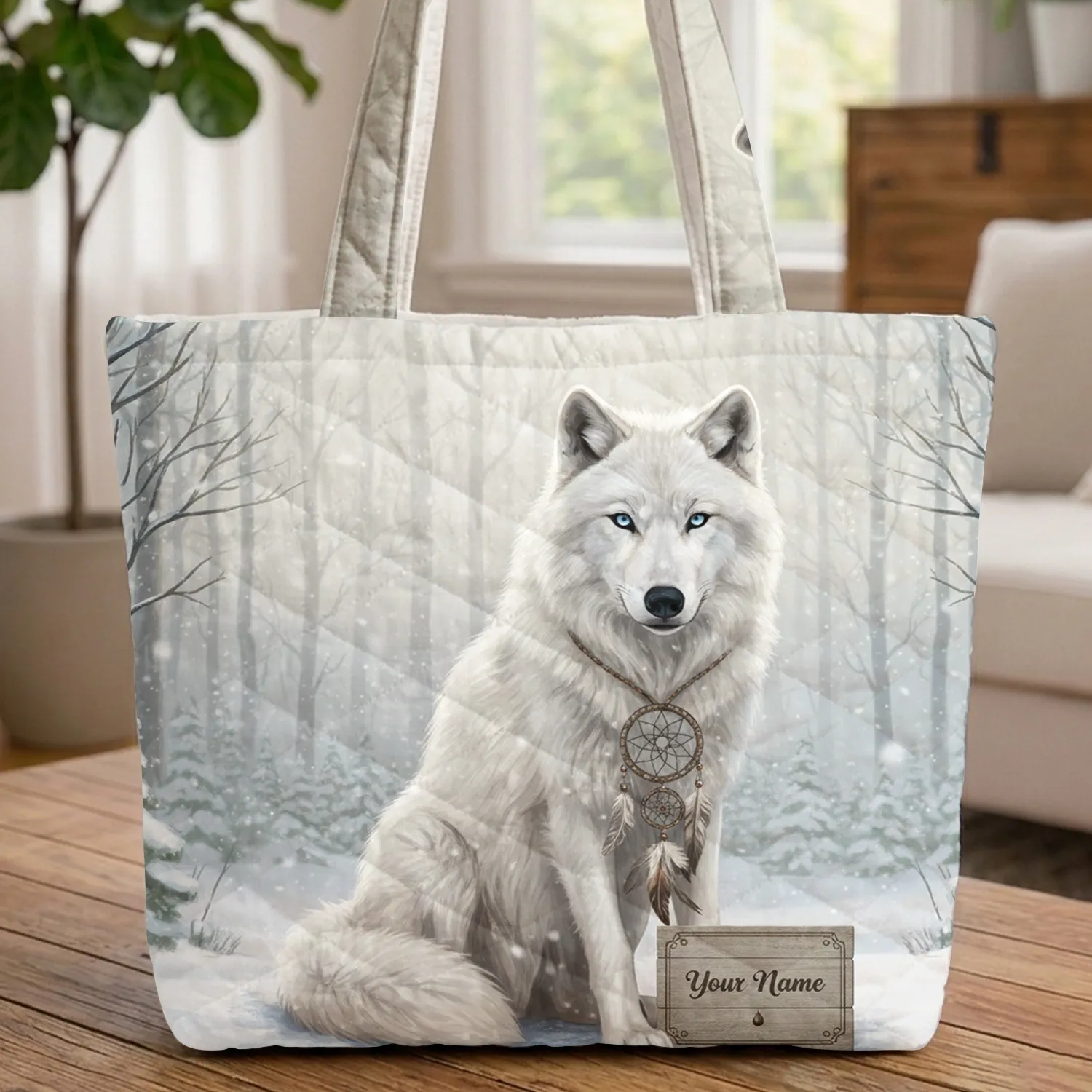 White Wolf Dreamcatcher Snowy Forest Plaque - Wildlife Lover Gift Quilted Tote Bag - 1