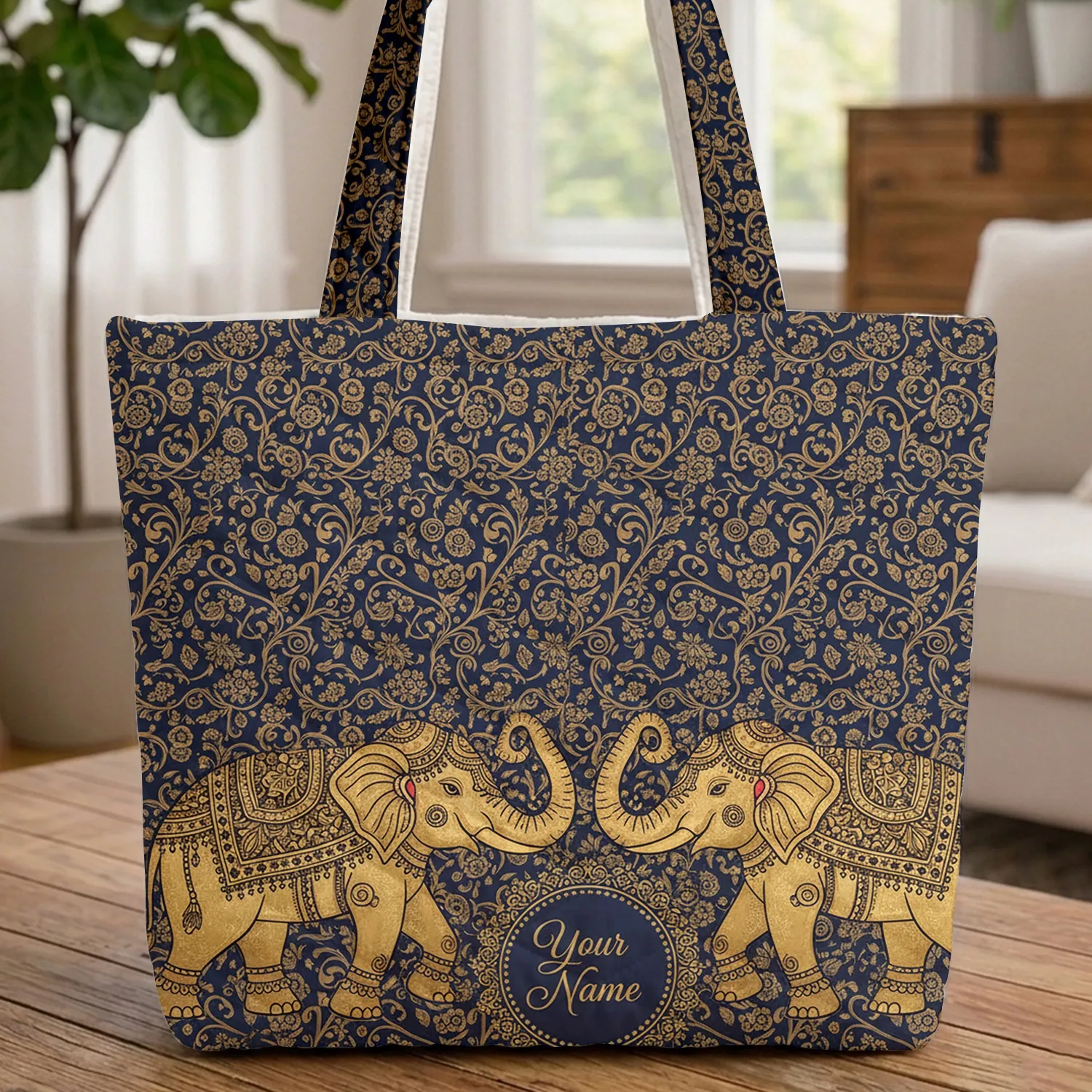 Ornate Golden Elephants Swirling Vines Paisley Mandalas - Home Accent Gift for Elephant Lovers Quilted Tote Bag - 1