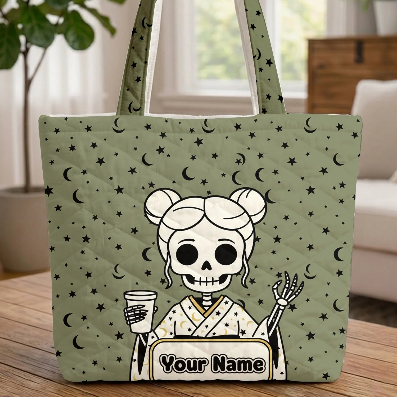 Kimono Skeleton Woman Two Buns Stars Moon Name Plaque - Skeleton Lover Gift Quilted Tote Bag - 1