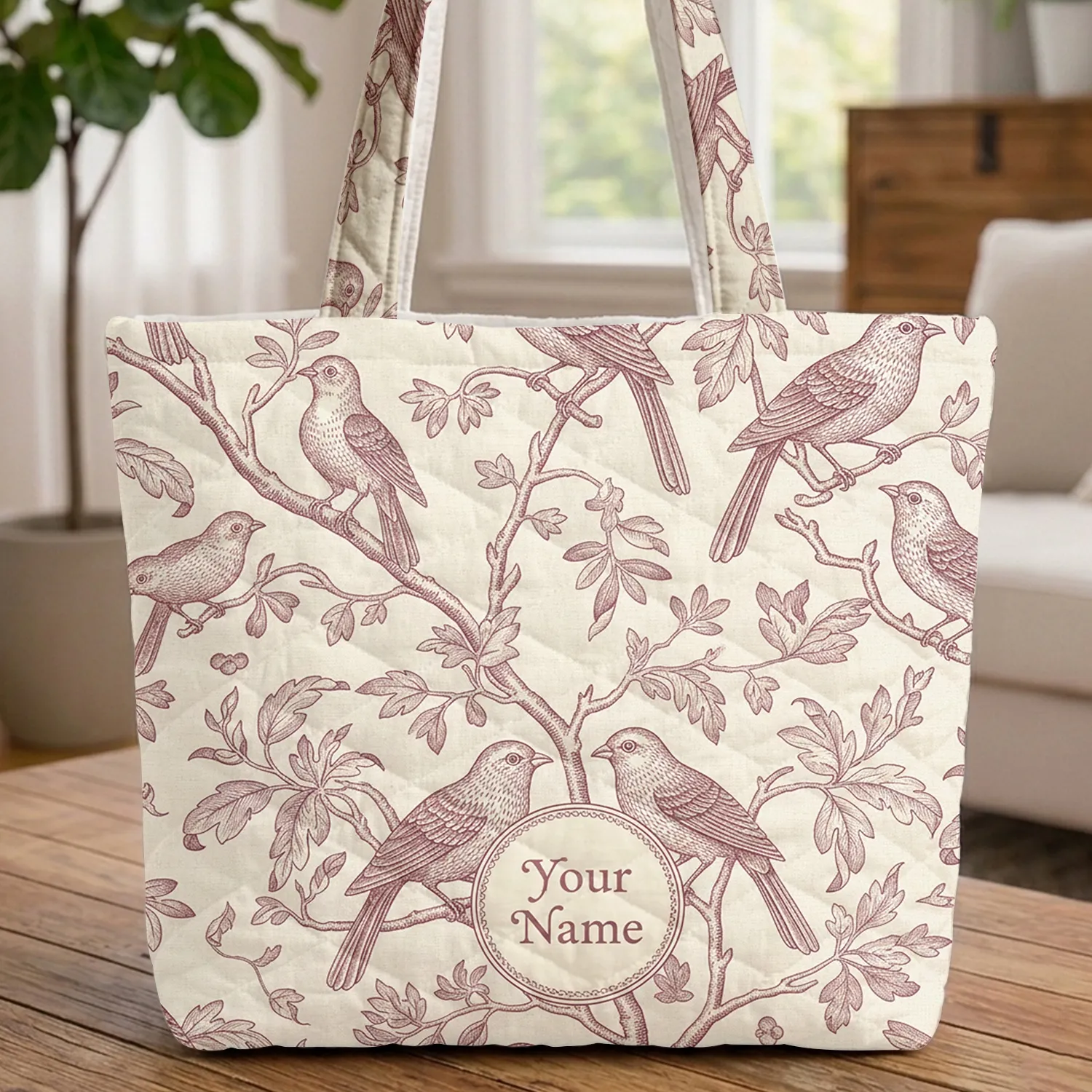 Toile de Jouy Birds Tree Branches Personalized Name Wildlife Lover Everyday Carryall Quilted Tote Bag - 1