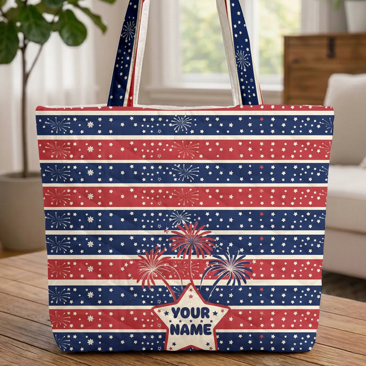 USA Stars Stripes Fireworks Star Frame Independence Day Celebration Gift Quilted Tote Bag - 1