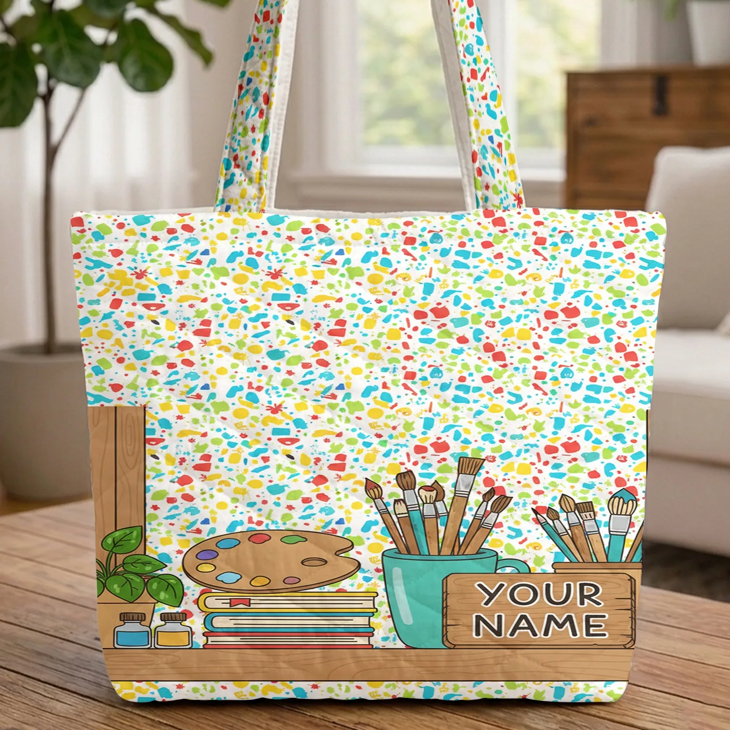 Personalized Name Artist Tools Paint Splatter Books - Creative Painter Gift Quilted Tote Bag - 1