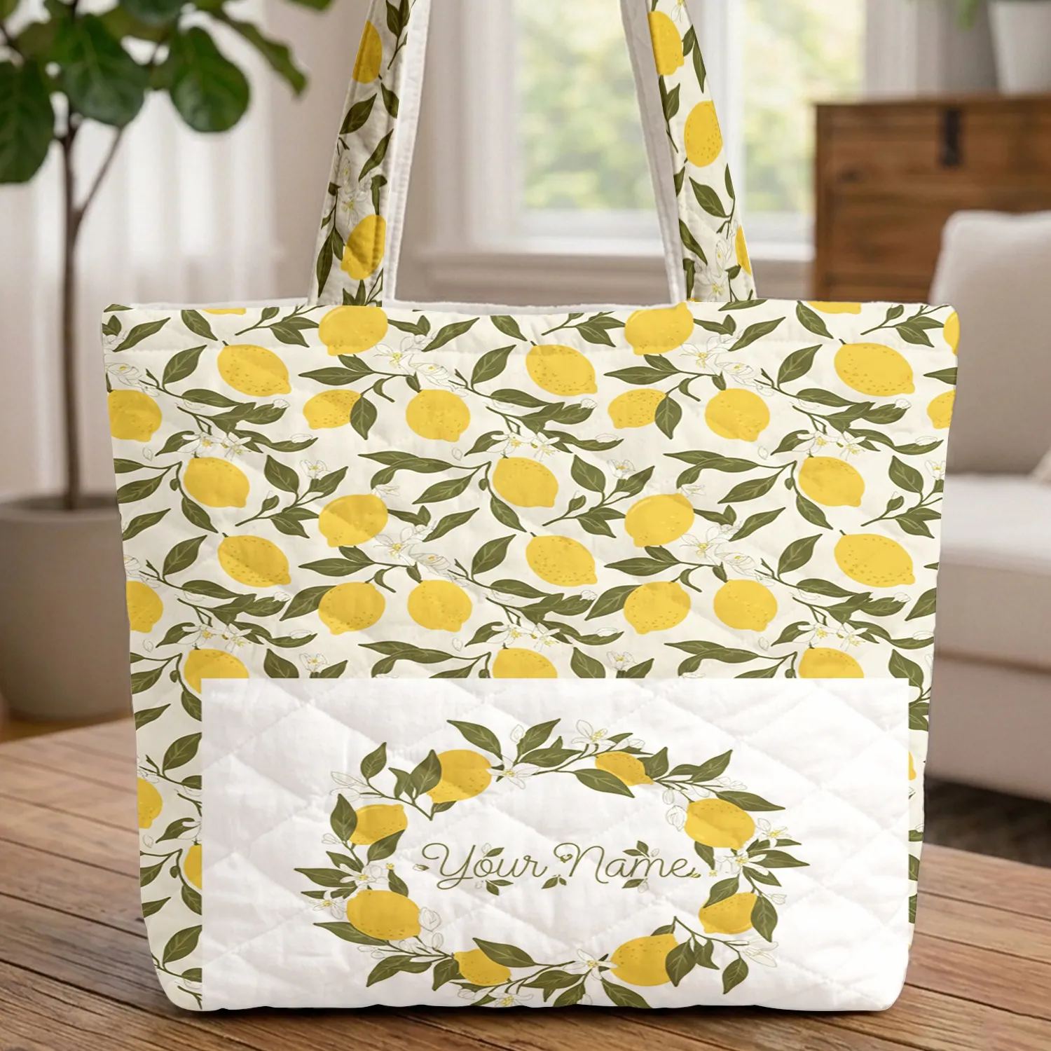 Lemon Blossom Wreath Yellow Lemons Green Leaves - Thoughtful Spring Summer Gift Quilted Tote Bag - 1