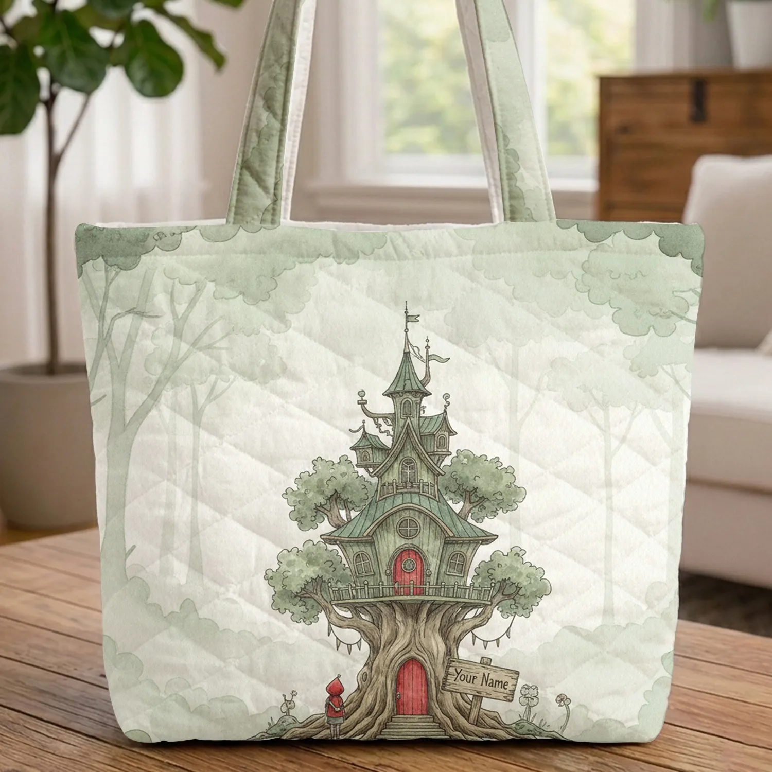 Fantasy Treehouse Gnarled Tree Wooden Sign - Forest Nature Gift for Storybook Fan Quilted Tote Bag - 1