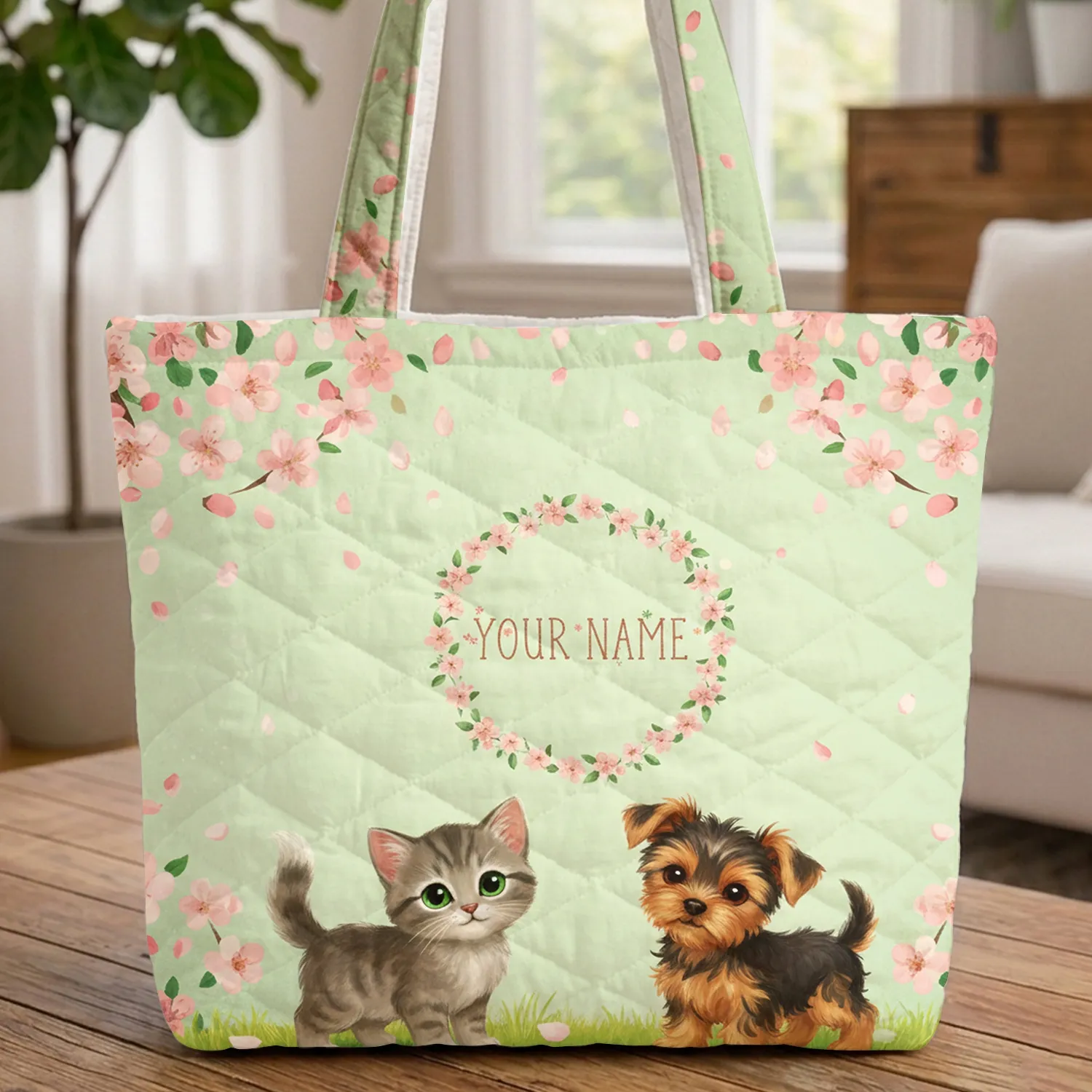 Grey Tabby Kitten Yorkie Puppy Floral Wreath Personalized - Pet Lover Everyday Carry Quilted Tote Bag - 1
