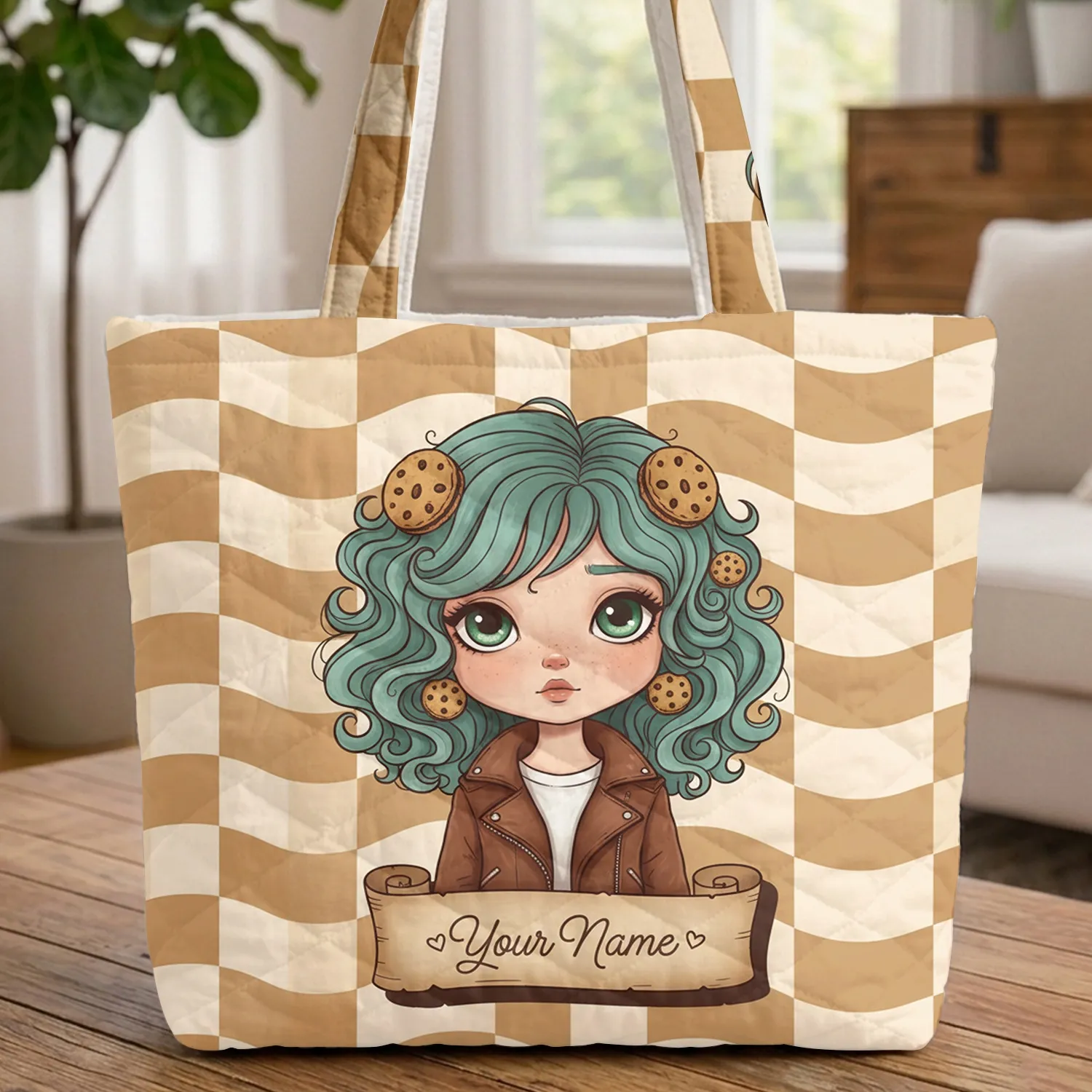 Girl with Cookies in Hair Leather Jacket Custom Name - Everyday Carry Gift for Her Quilted Tote Bag - 1