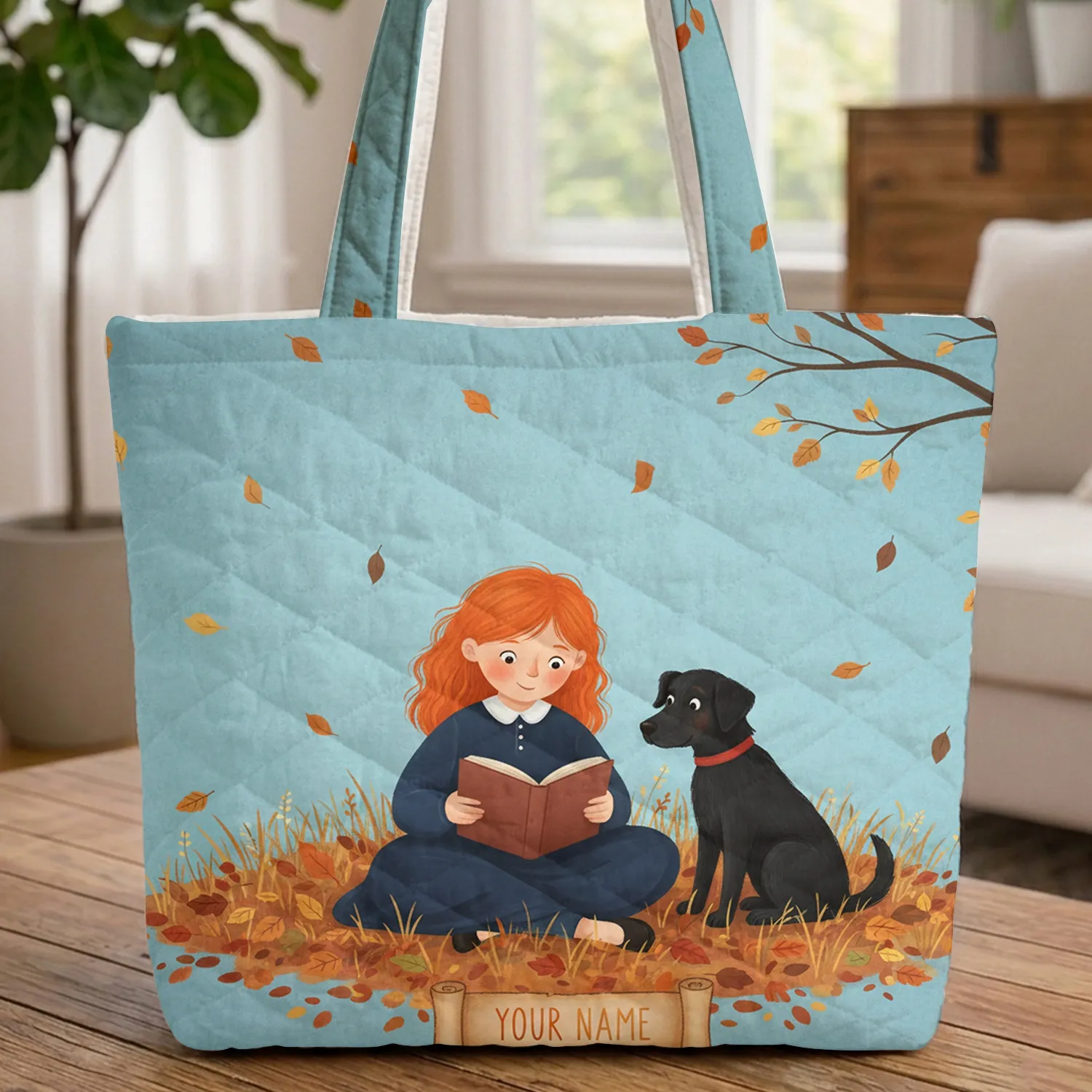 Child Reading Book Black Dog Autumn Leaves - Personalized Young Reader Gift for Kids Quilted Tote Bag - 1
