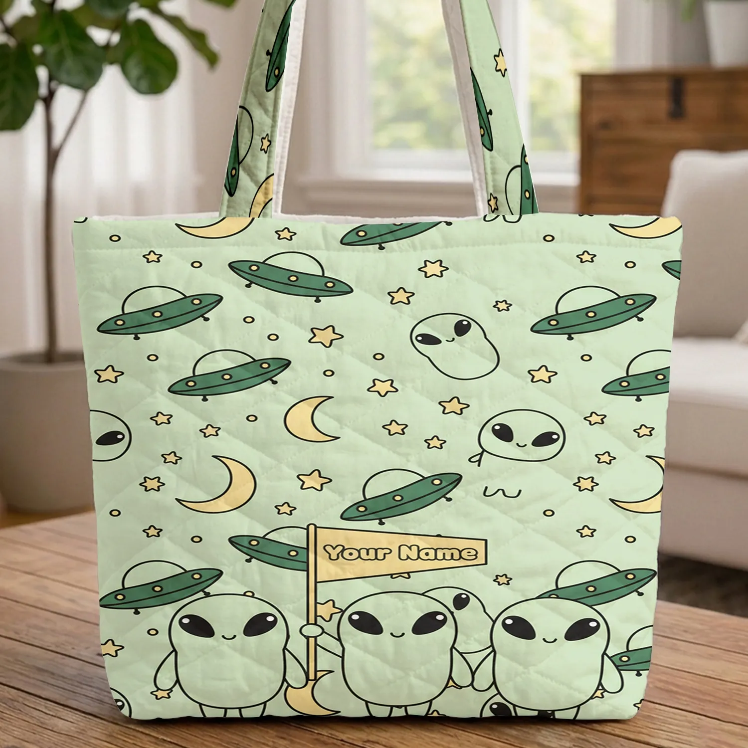 Alien Flying Saucer Flag Crescent Moon Stars - Space Lover Everyday Tote Quilted Tote Bag - 1