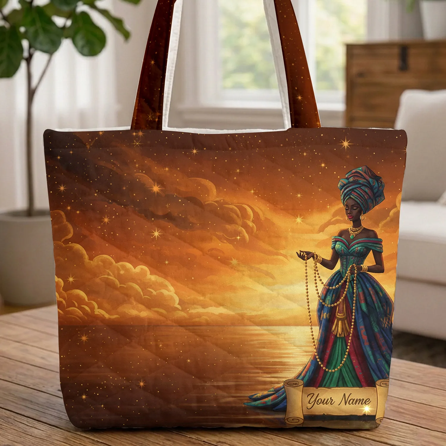 African Queen Celestial Night Sky Name Scroll - Everyday Tote Gift Quilted Tote Bag - 1