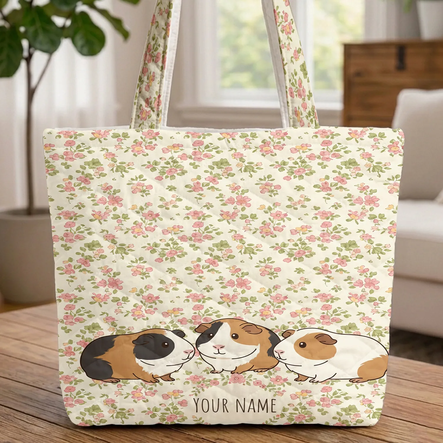 Adorable Guinea Pigs Pink Yellow Flower Clover Wreath - Personalized Pet Lover Gift Quilted Tote Bag - 1
