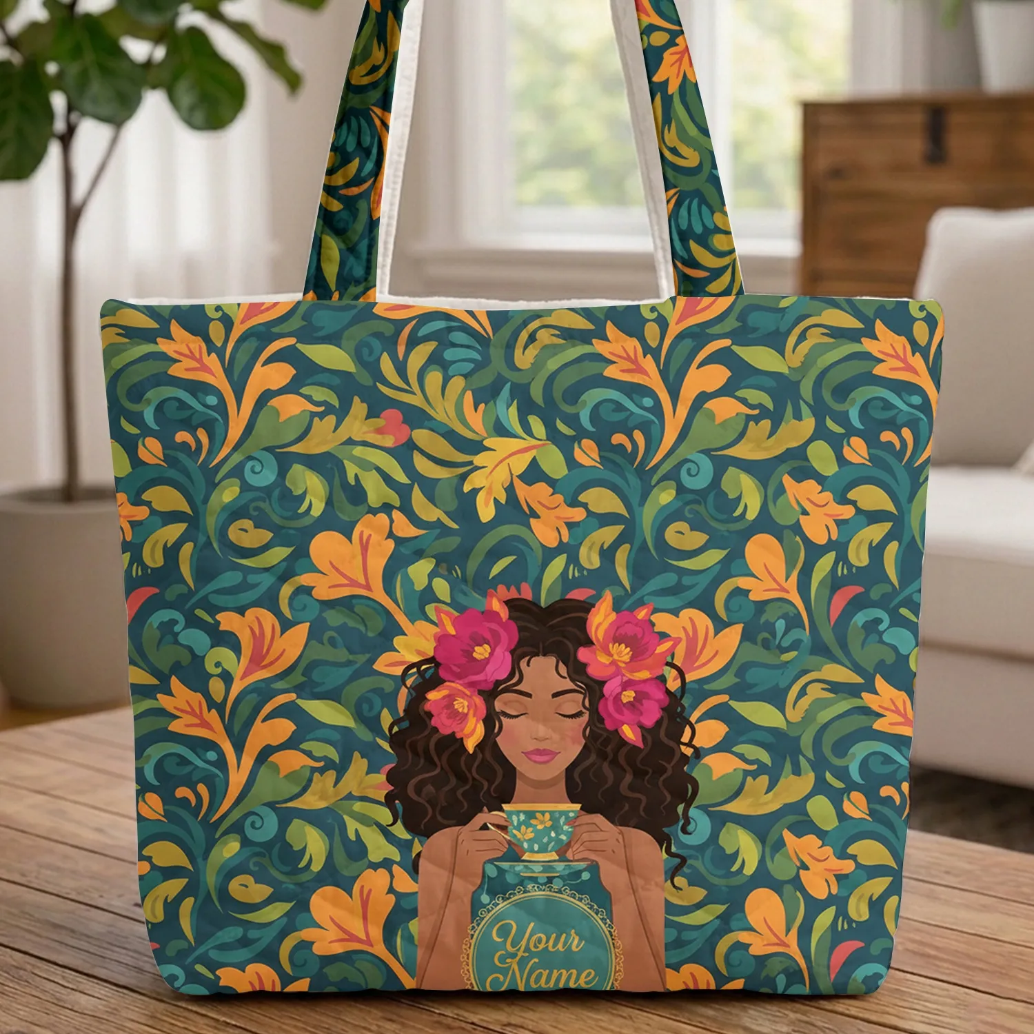 Woman Teacup Flowers Name Circle - Lifestyle Gift for Tea Lovers Quilted Tote Bag - 1