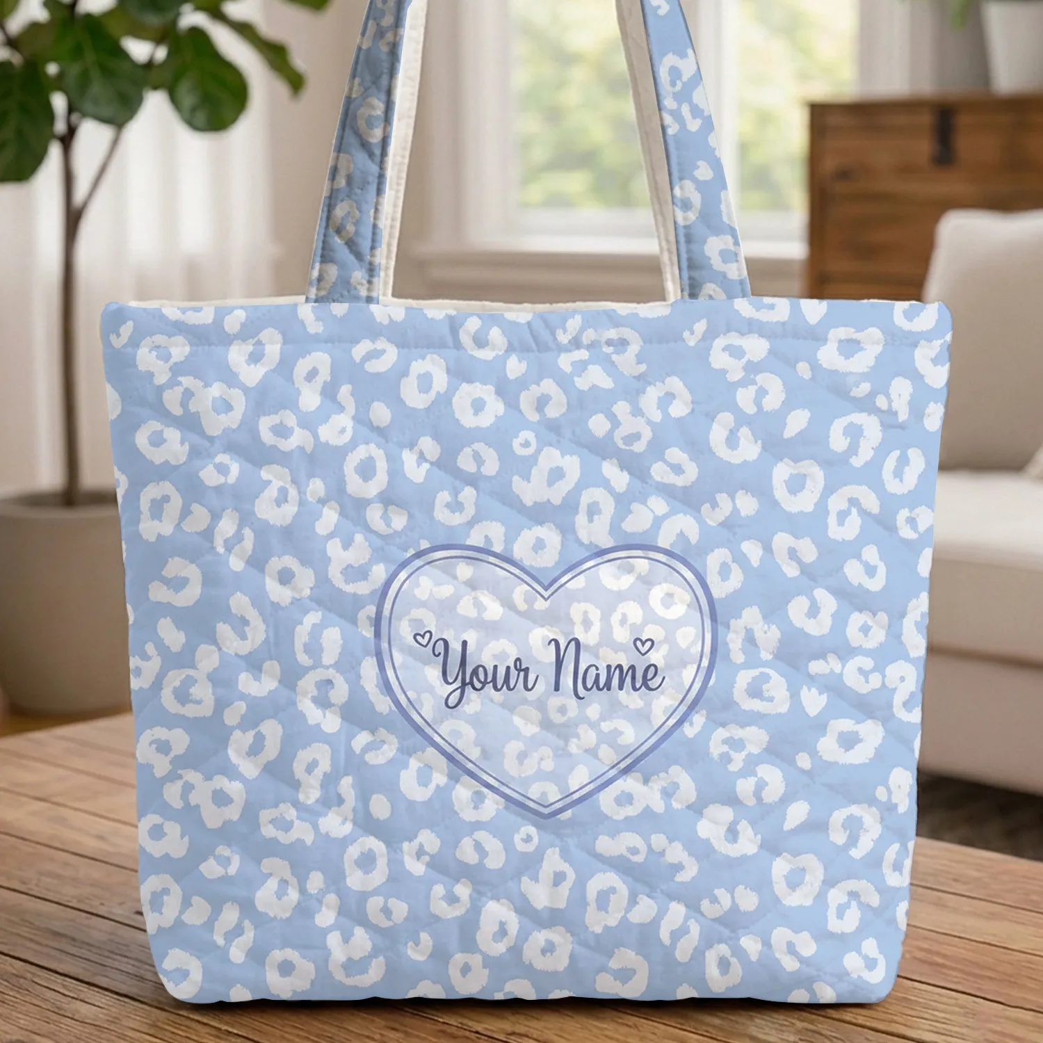 Leopard Ornate Heart Cursive Name - Everyday Tote Gift for Her Quilted Tote Bag - 1
