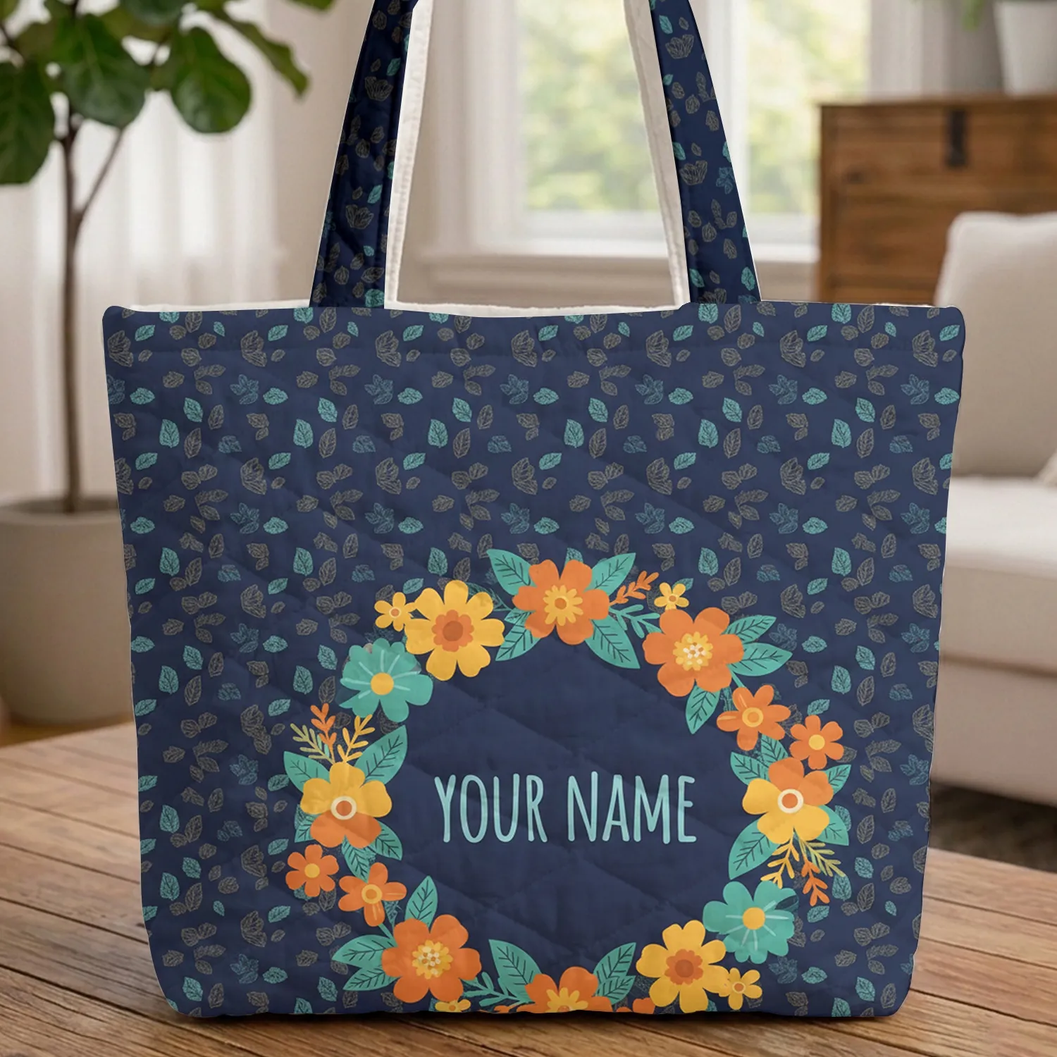 Ornate Floral Wreath with Scattered Botanical Leaves Everyday Carry Accessory Gift Quilted Tote Bag - 1