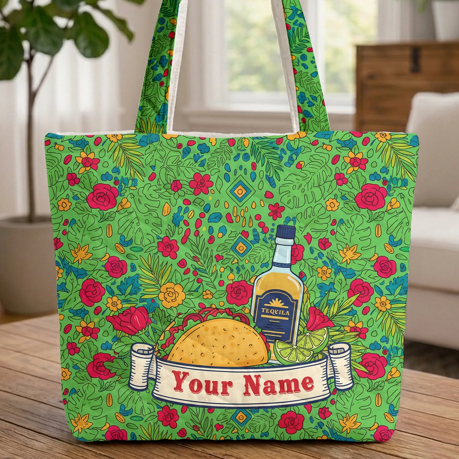 Personalized Taco Tequila Lime Tropical Floral Fiesta Celebration Gift Quilted Tote Bag - 1