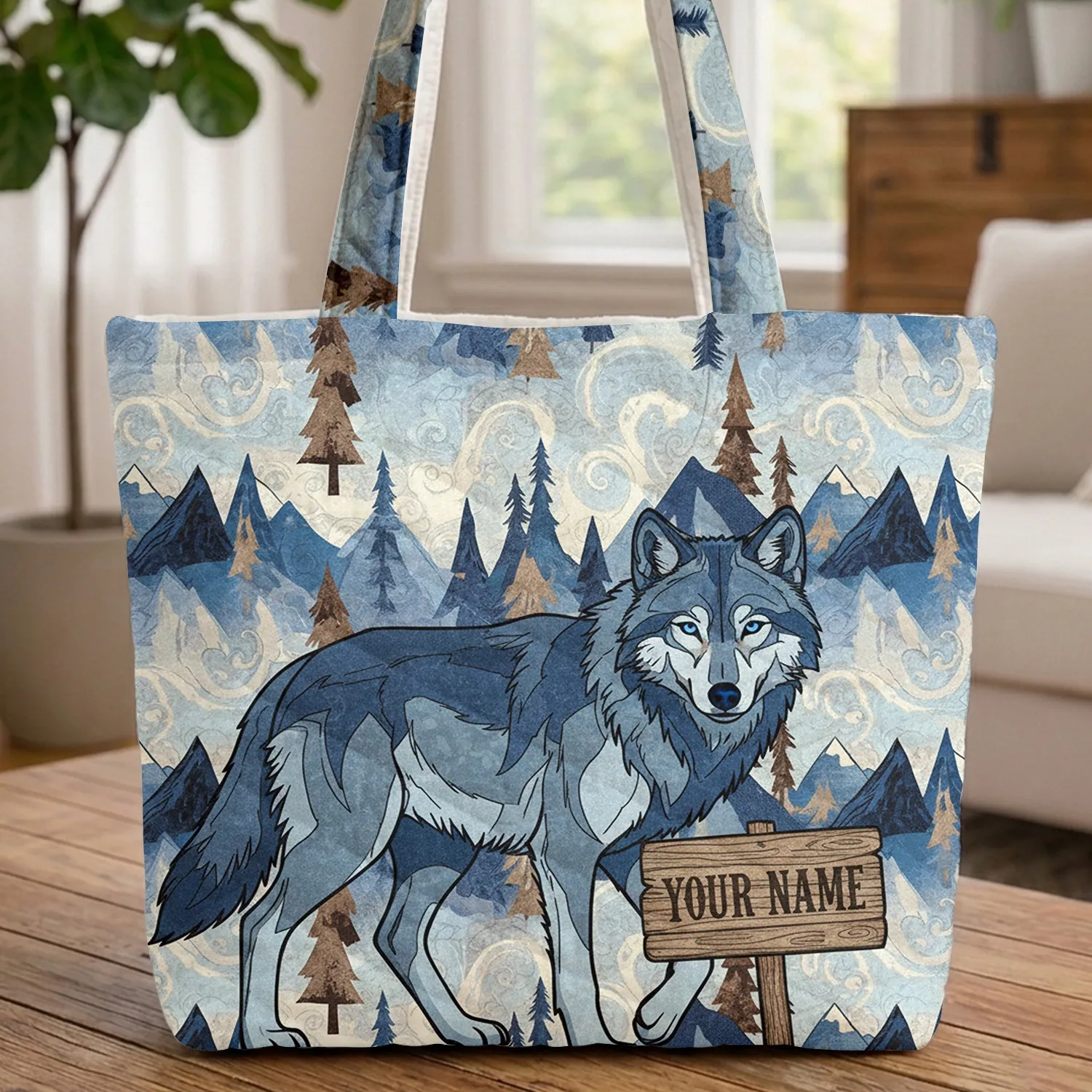 Majestic Blue-Eyed Wolf Wooden Sign Mountain Pine Trees - Wildlife Lover Gift Quilted Tote Bag - 1