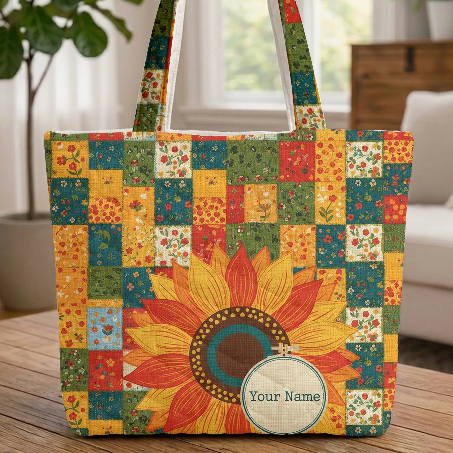Folk Art Sunflower Hoop Farmhouse Decor Name Gift Quilted Tote Bag - 1